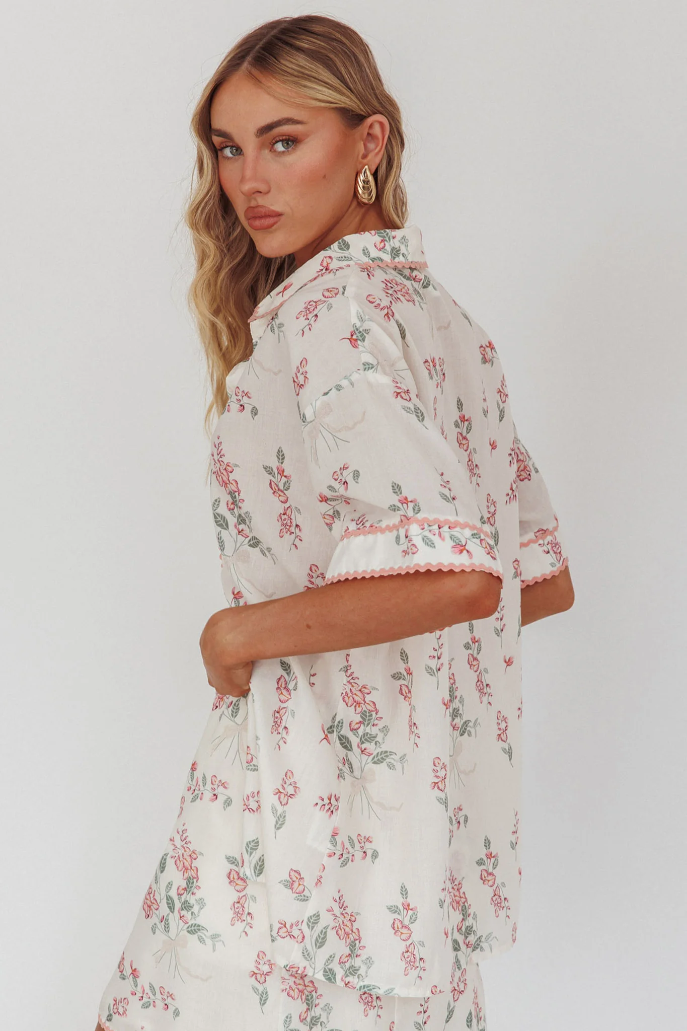 Catherina Ric-Rac Trim Button-Up Shirt Floral Pink