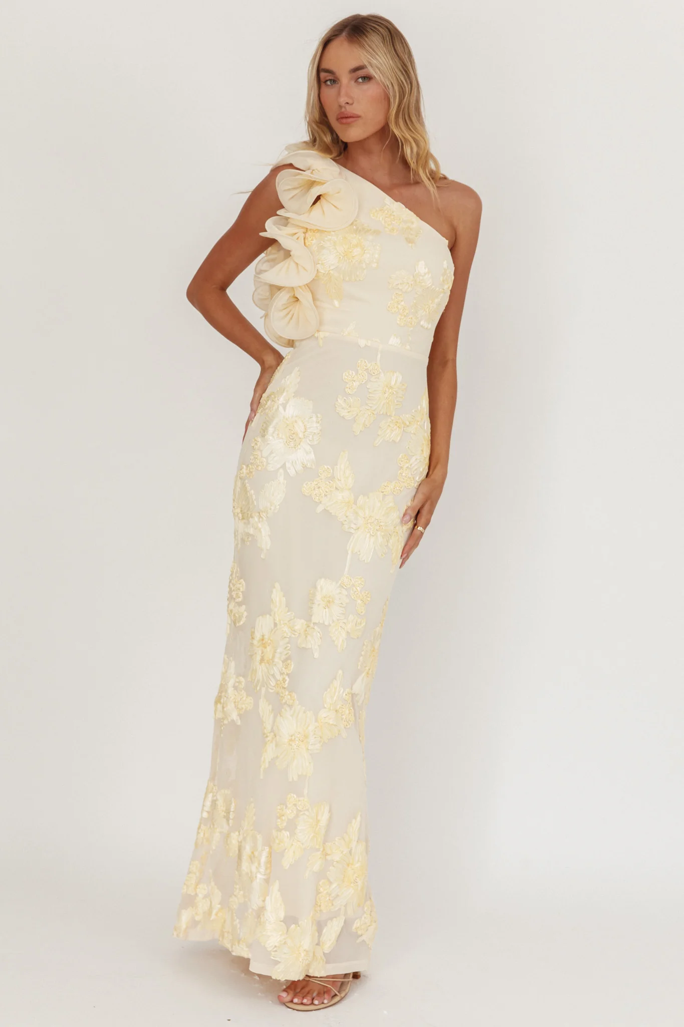 Deanna One-Shoulder Ruffle Maxi Dress Floral Texture Yellow