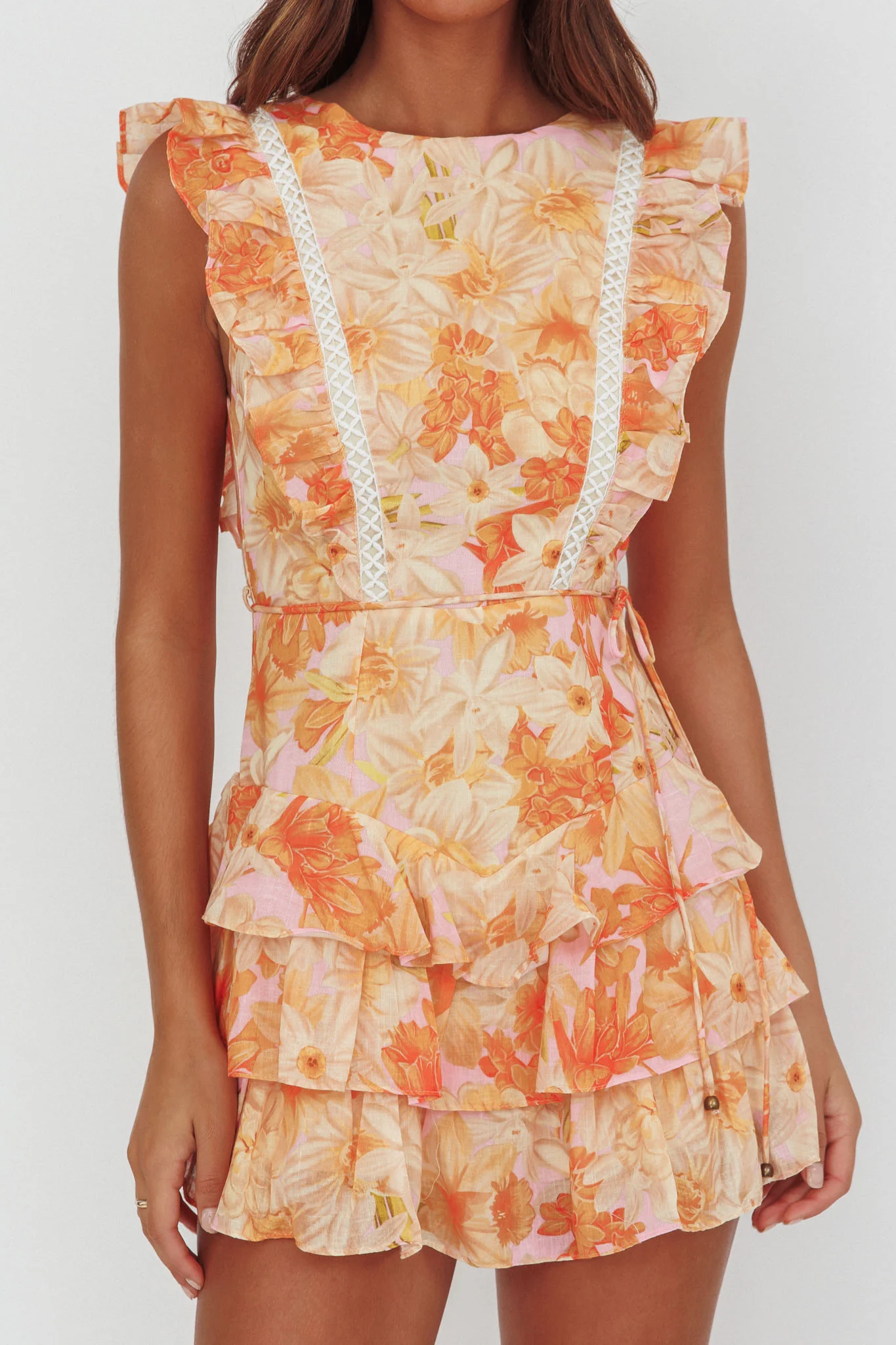 Weekend Muse Sleeveless Layered Frill Romper Flowers Yellow