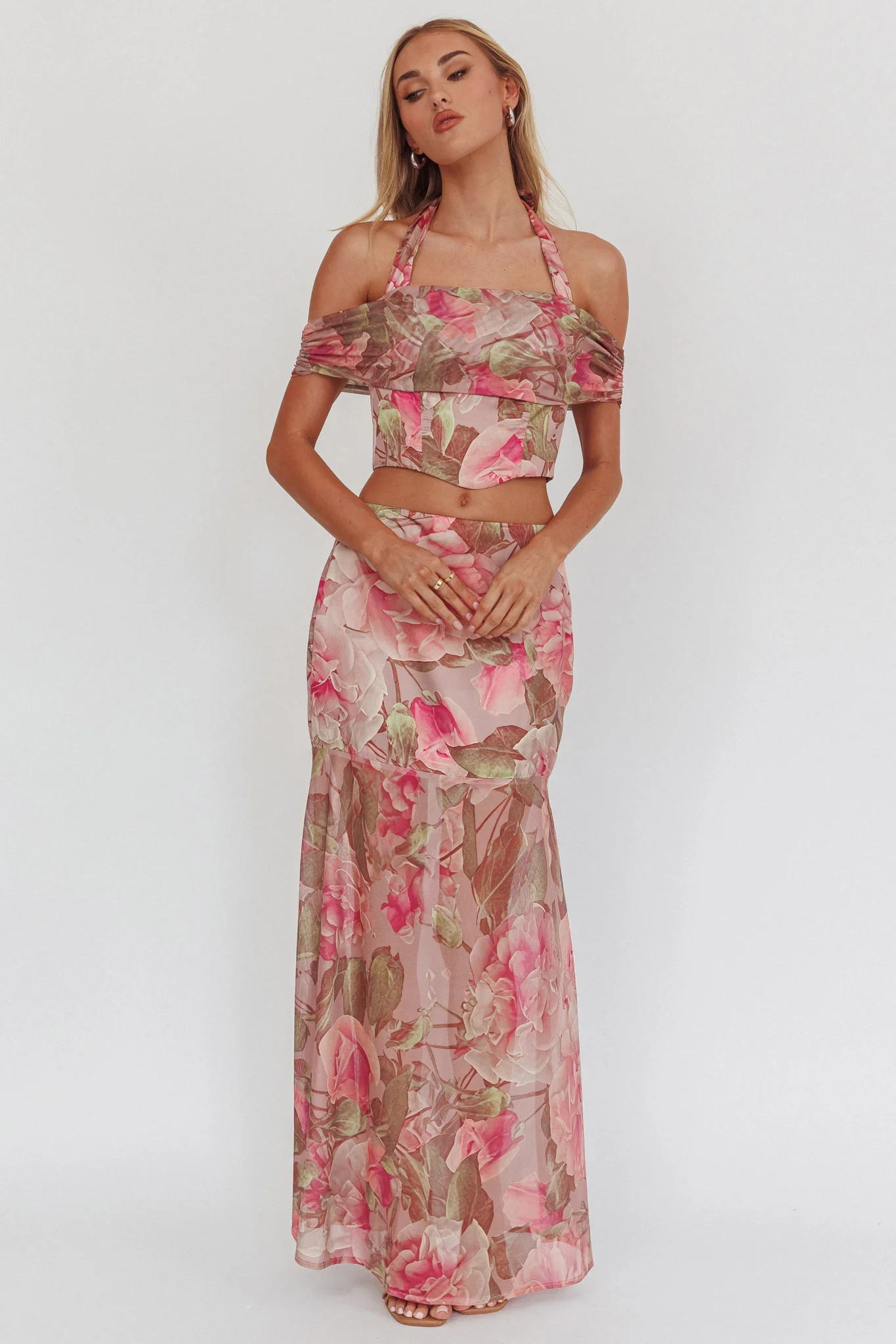 Sunset High Sheer Hem Maxi Skirt Floral Blush