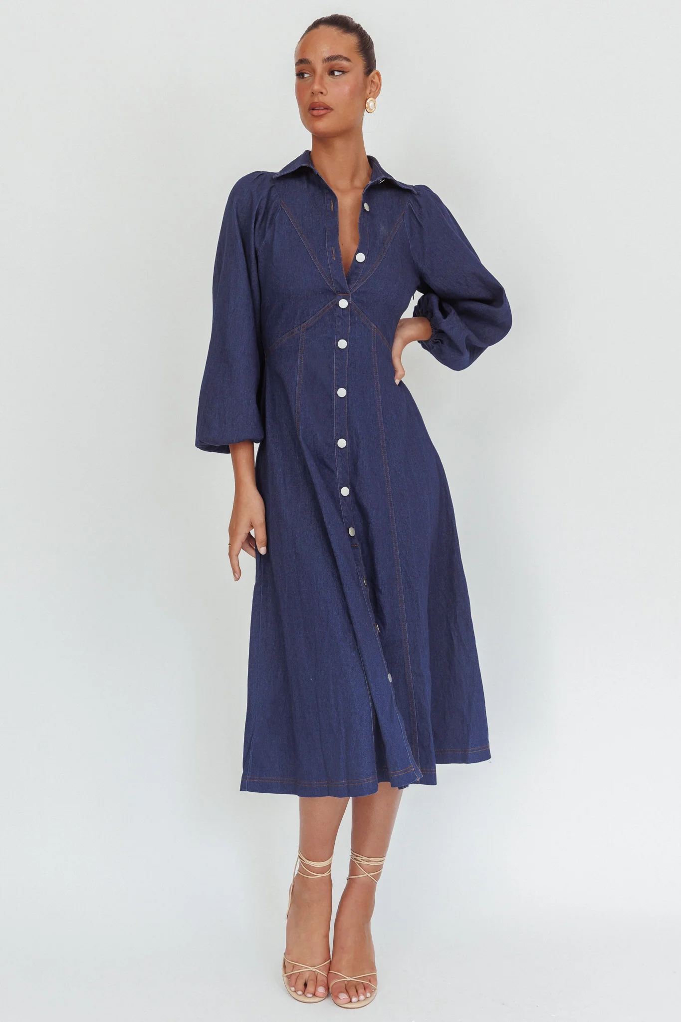 Ania Long Balloon Style Midi Dress Dark Denim