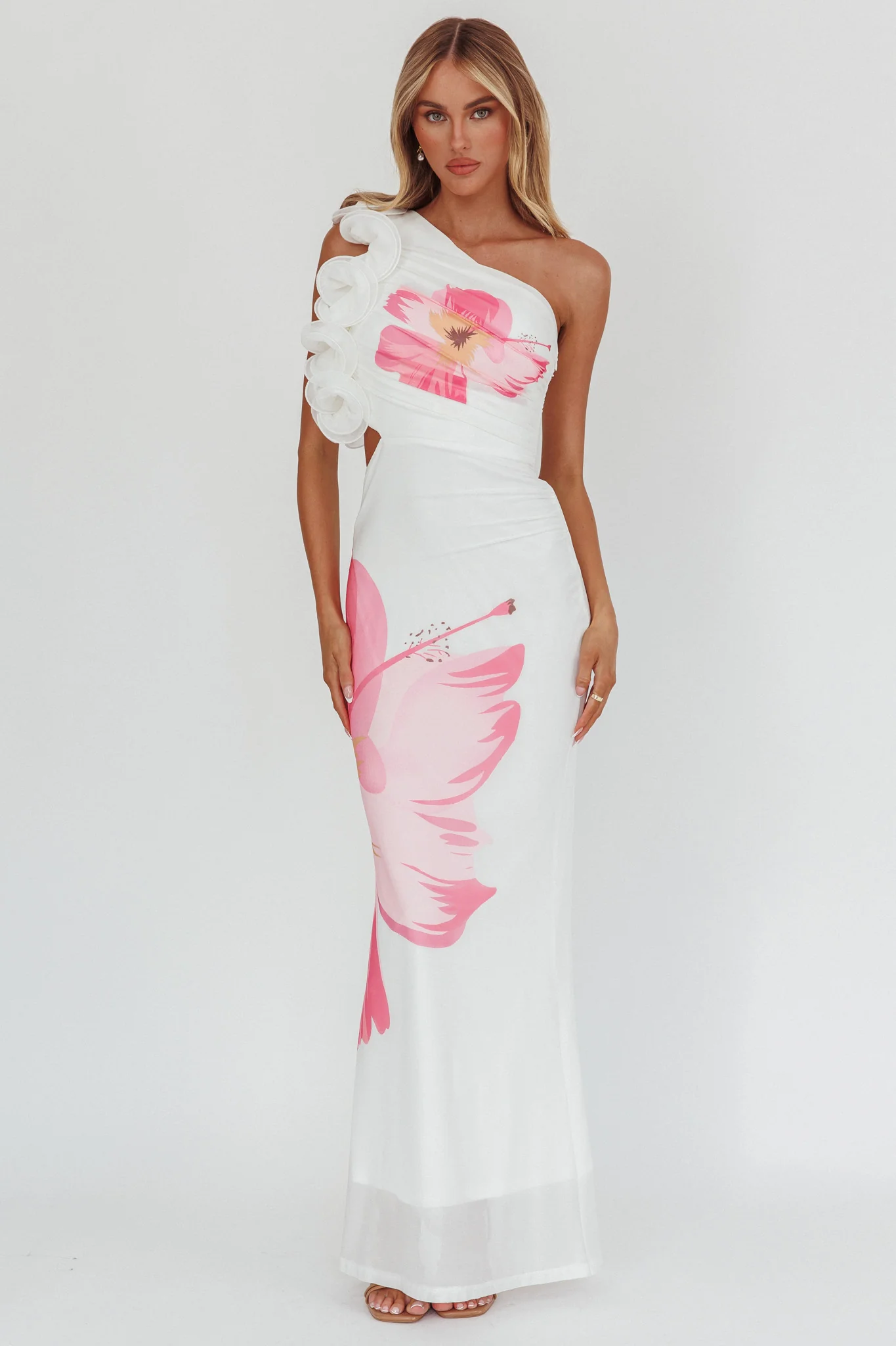 Deanna One-Shoulder Ruffle Maxi Dress Hibiscus White
