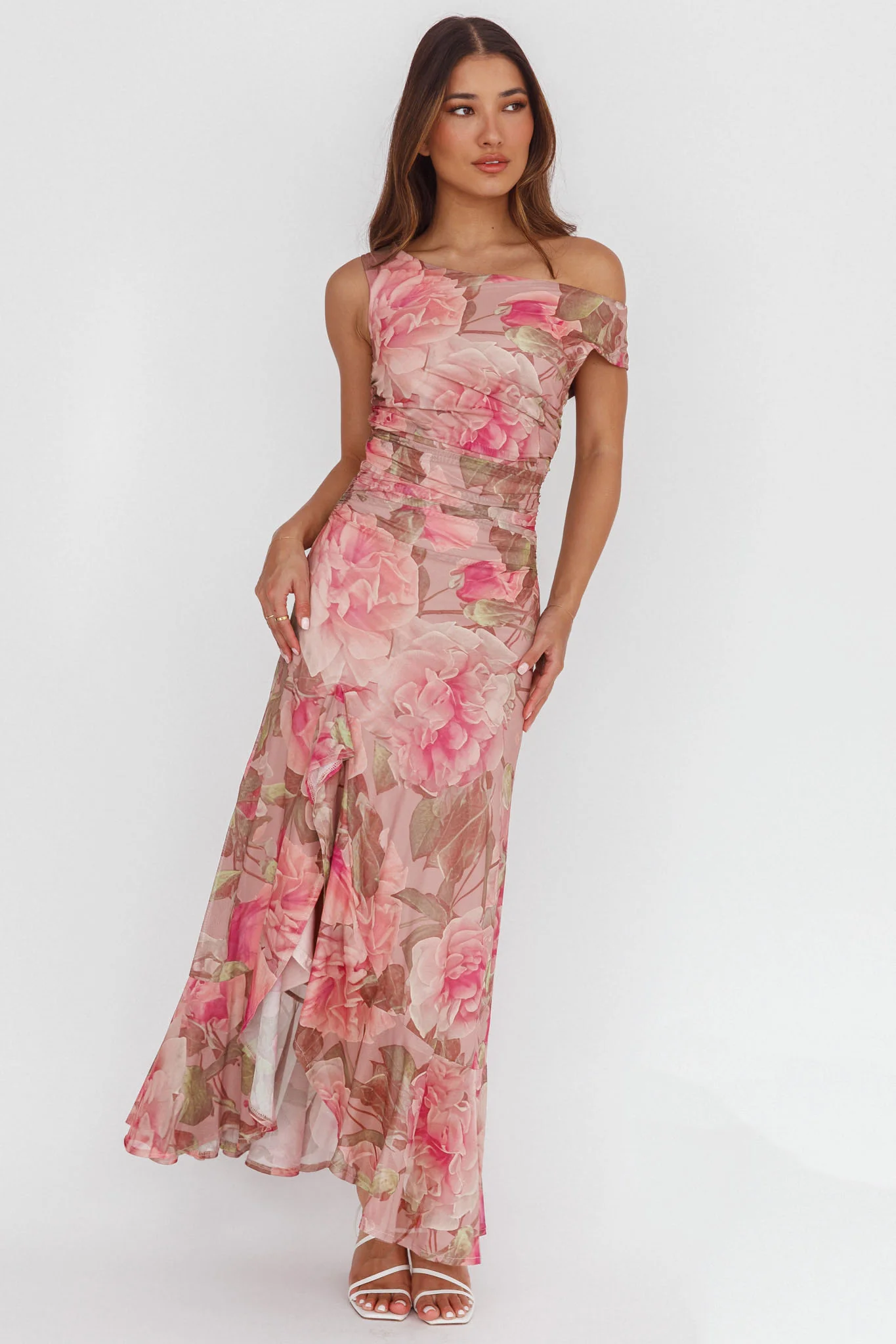 Moonlit Magic Asymmetric Neckline Maxi Dress Floral Blush