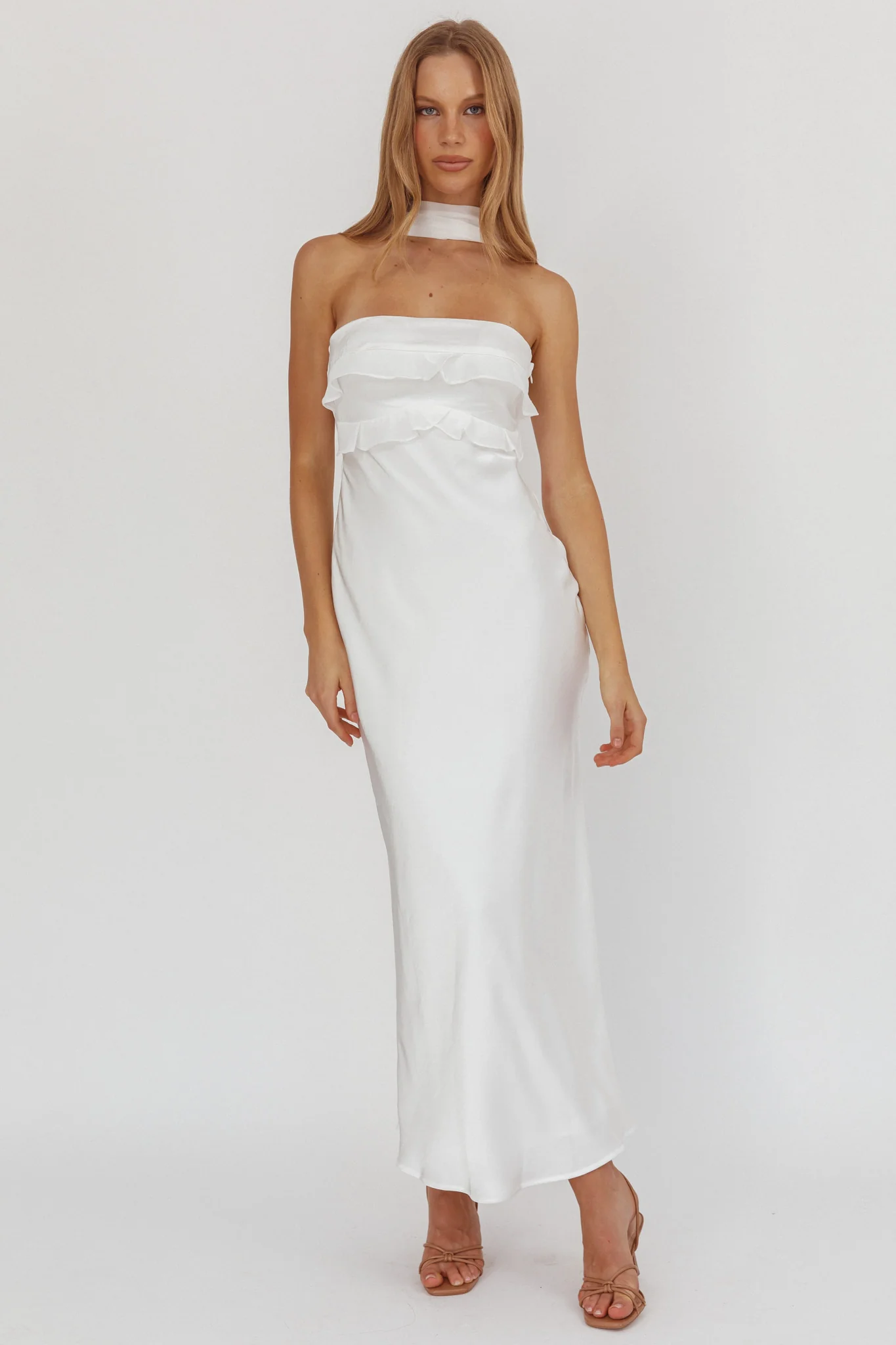 Damsel Reverse Halter Frill Trim Maxi Dress White