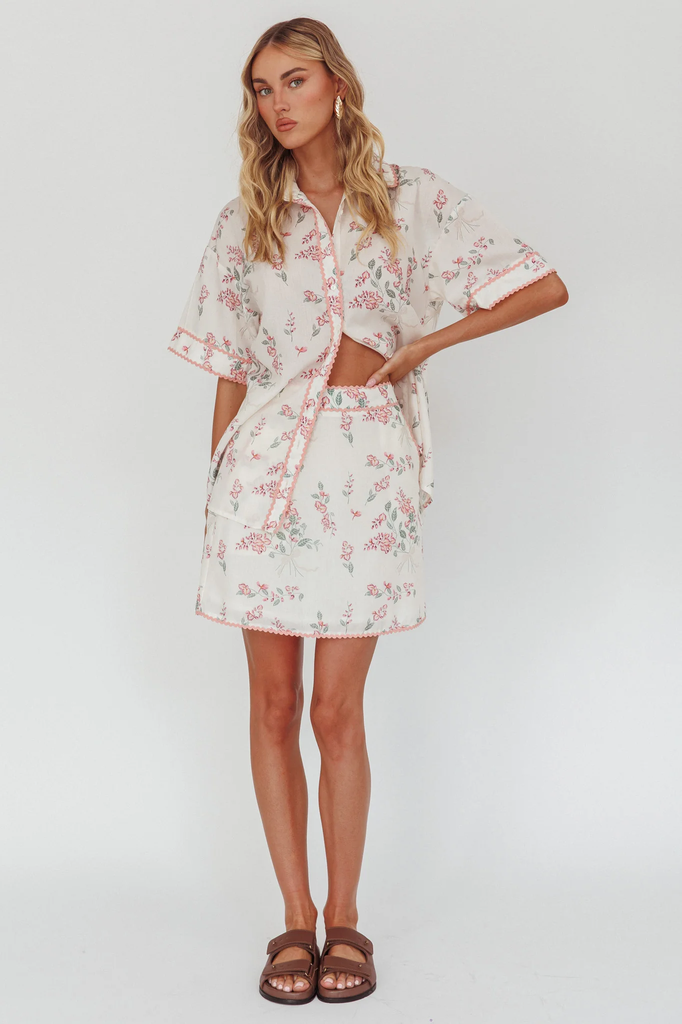Catherina Ric-Rac Trim Button-Up Shirt Floral Pink