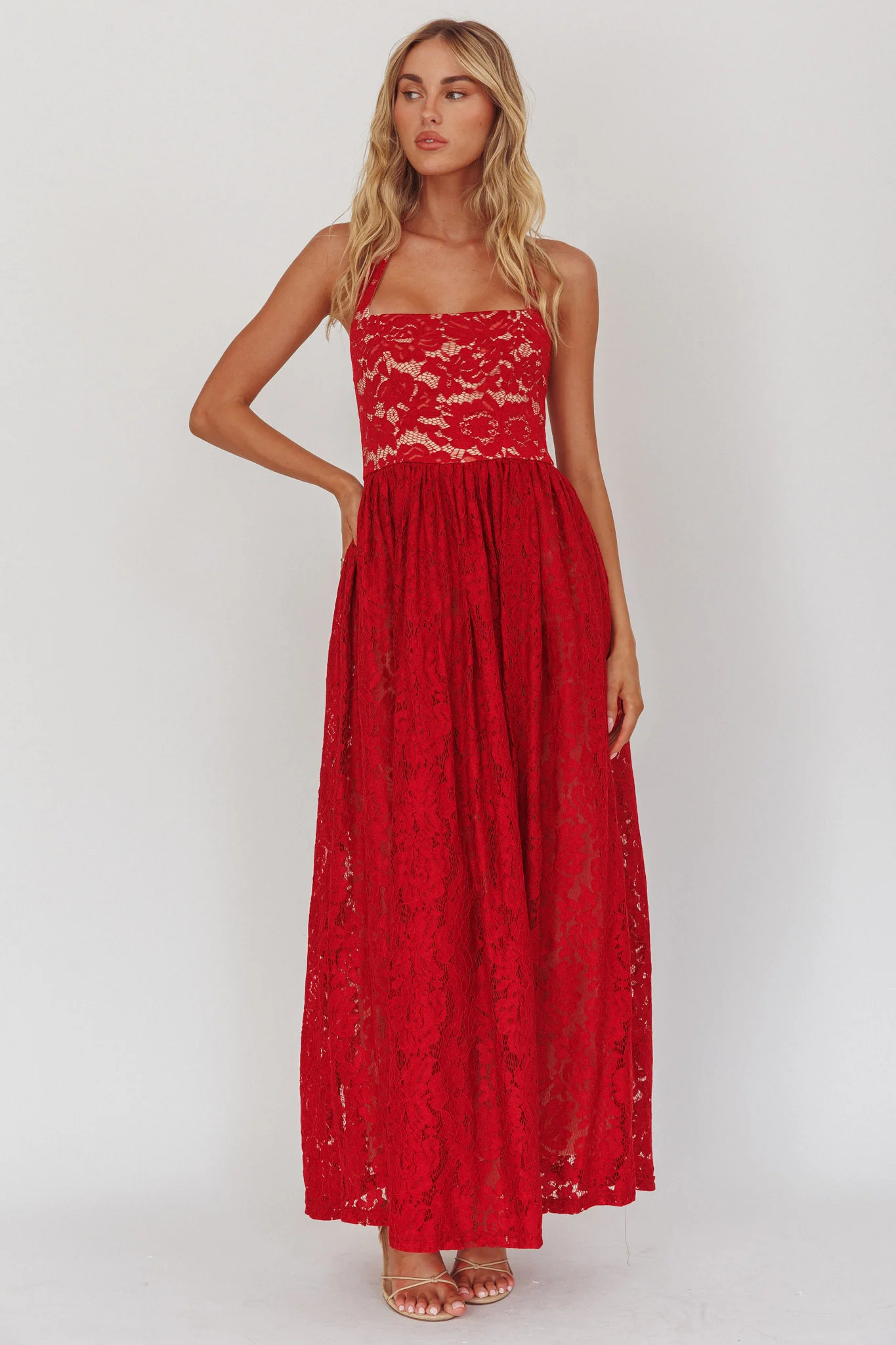 Hendrix Halterneck A-Line Lace Maxi Dress Cherry