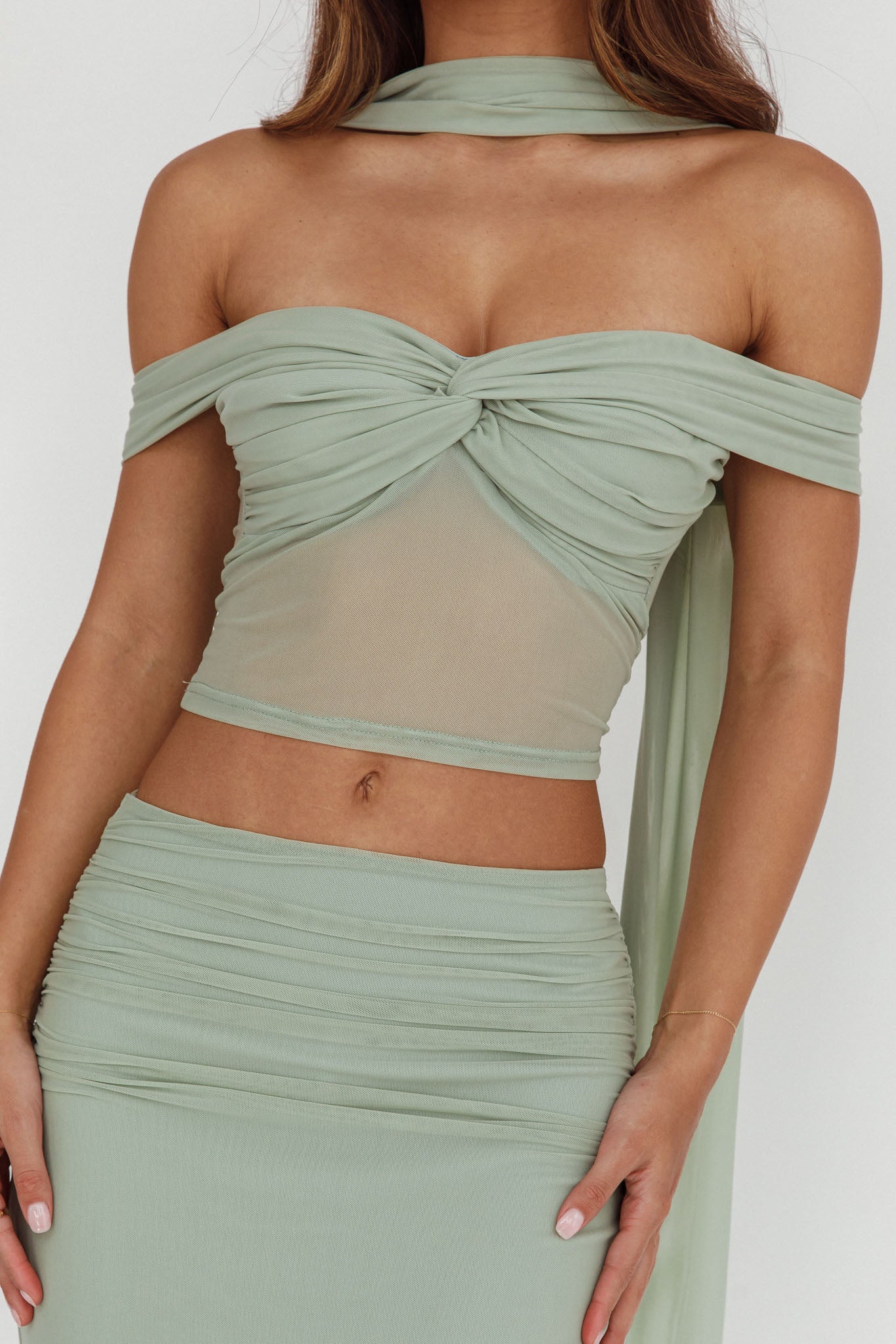 All The Lights Off-Shoulder Crop Top Sage
