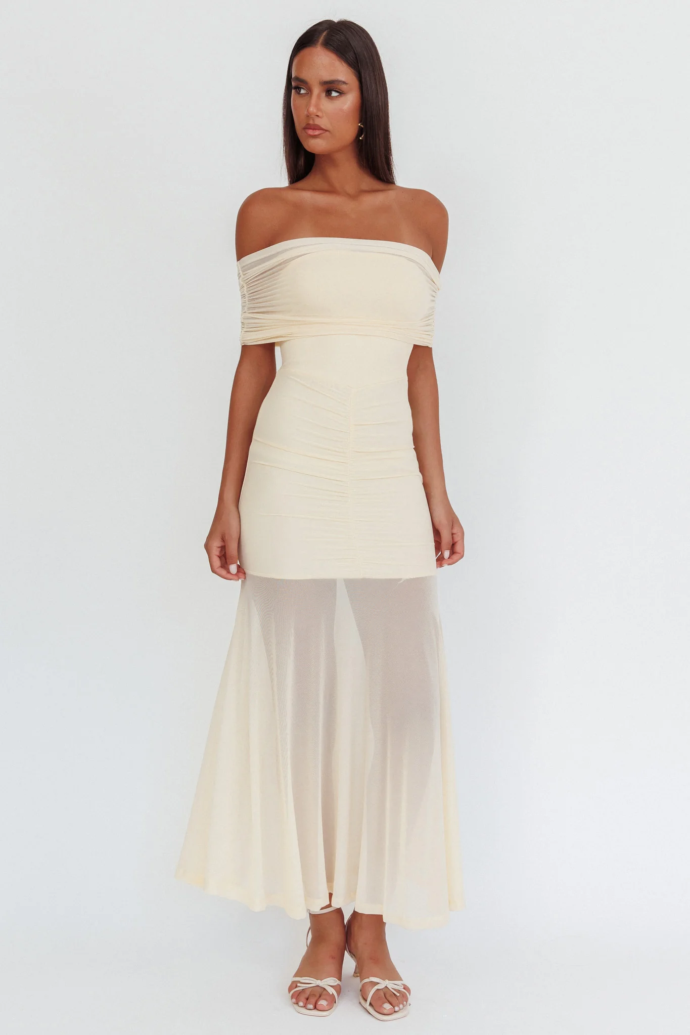 Clarita Sheer Ruched Maxi Dress Cream