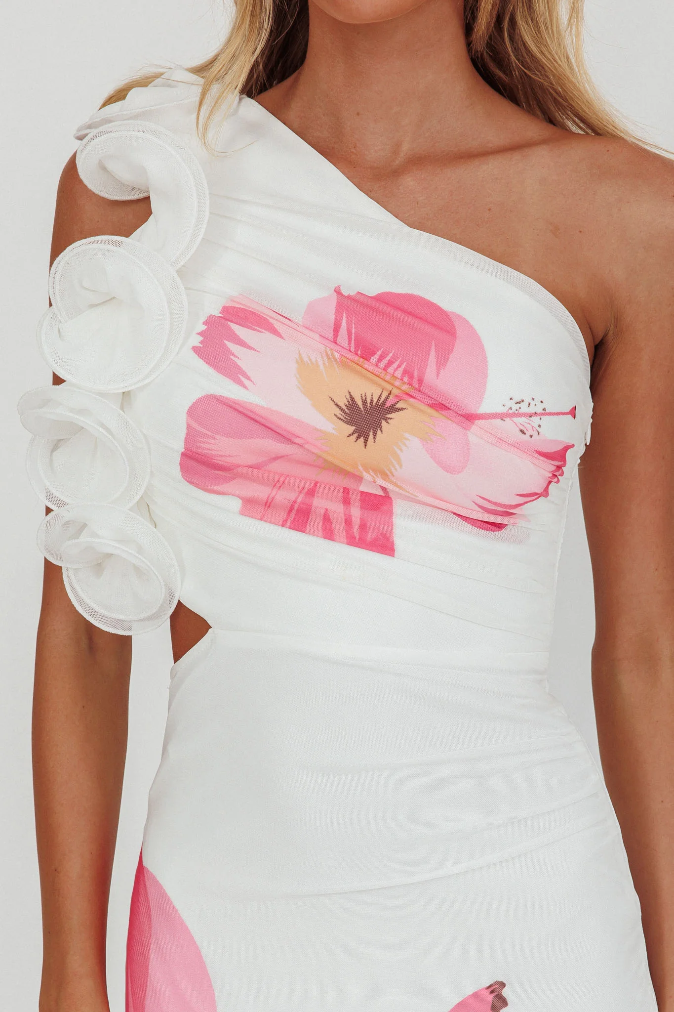 Deanna One-Shoulder Ruffle Maxi Dress Hibiscus White