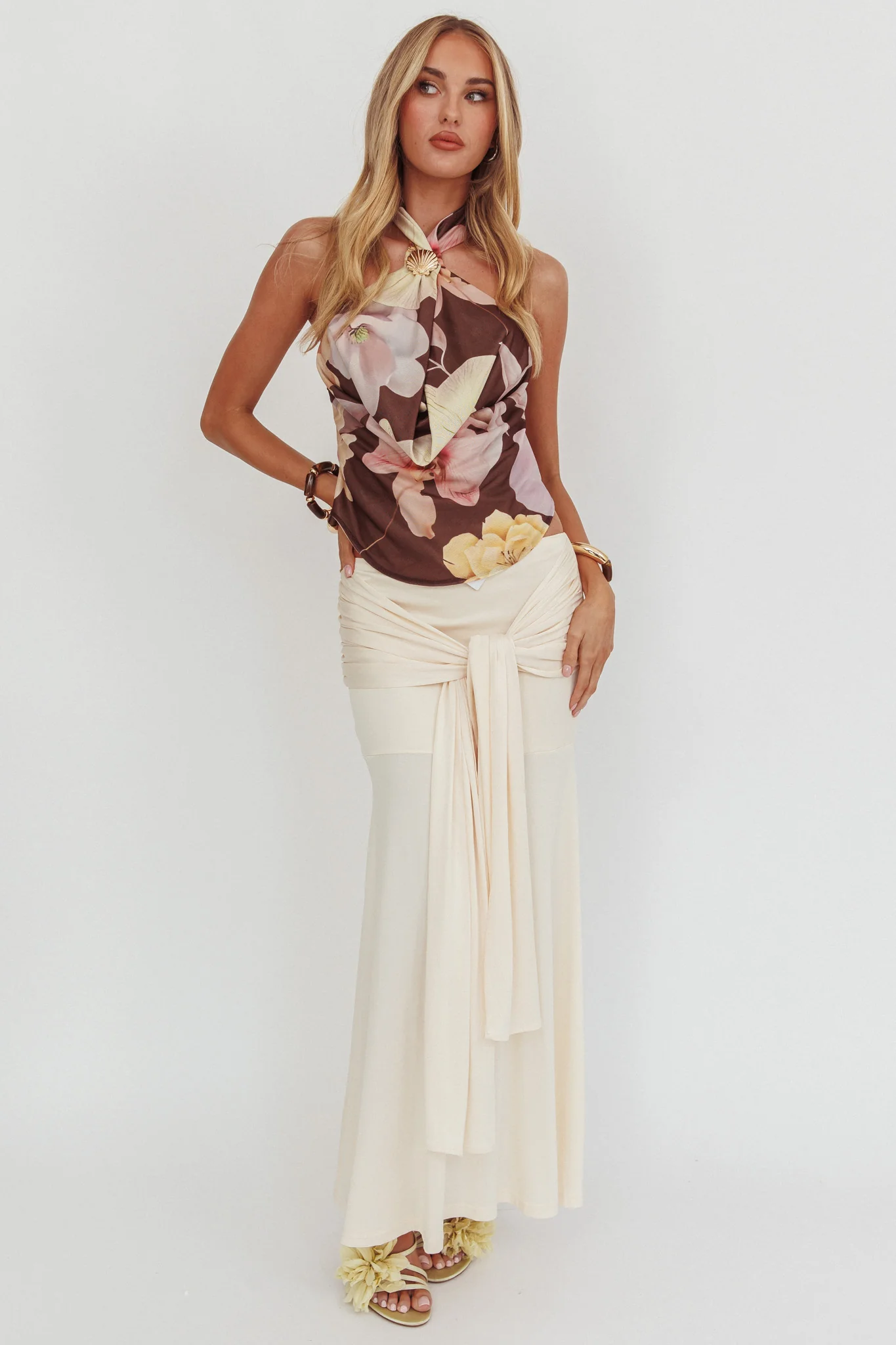 Wisteria Cowl Halterneck Top Floral Brown