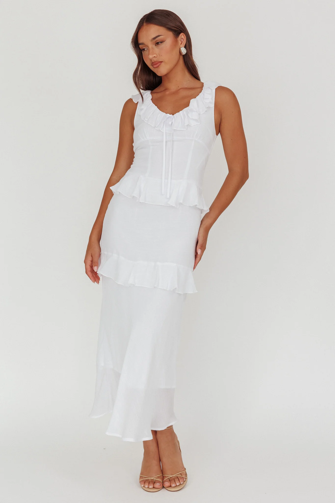 Arrabel Ruffle Trim Bust Tie Maxi Dress White