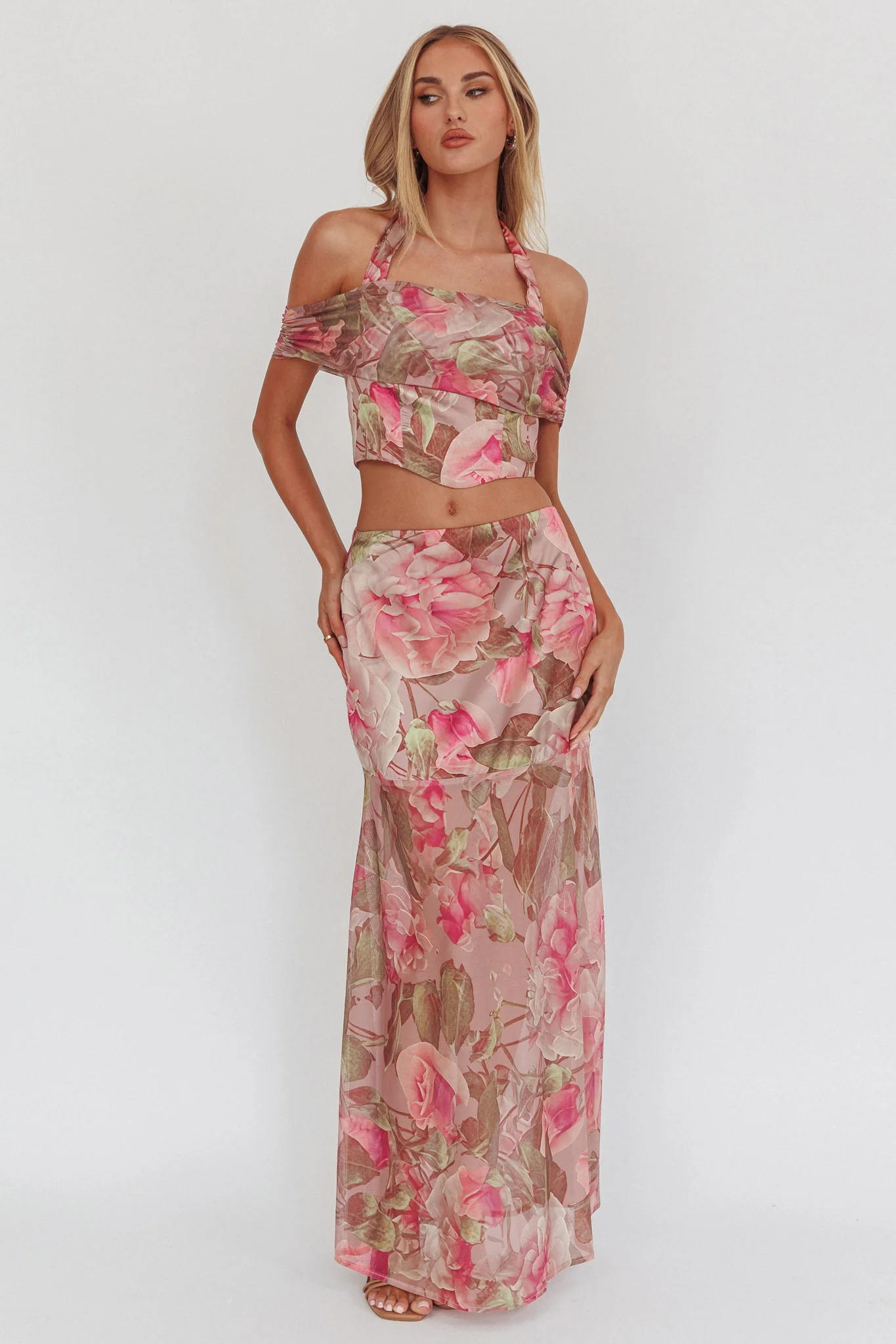 Sunset High Sheer Hem Maxi Skirt Floral Blush