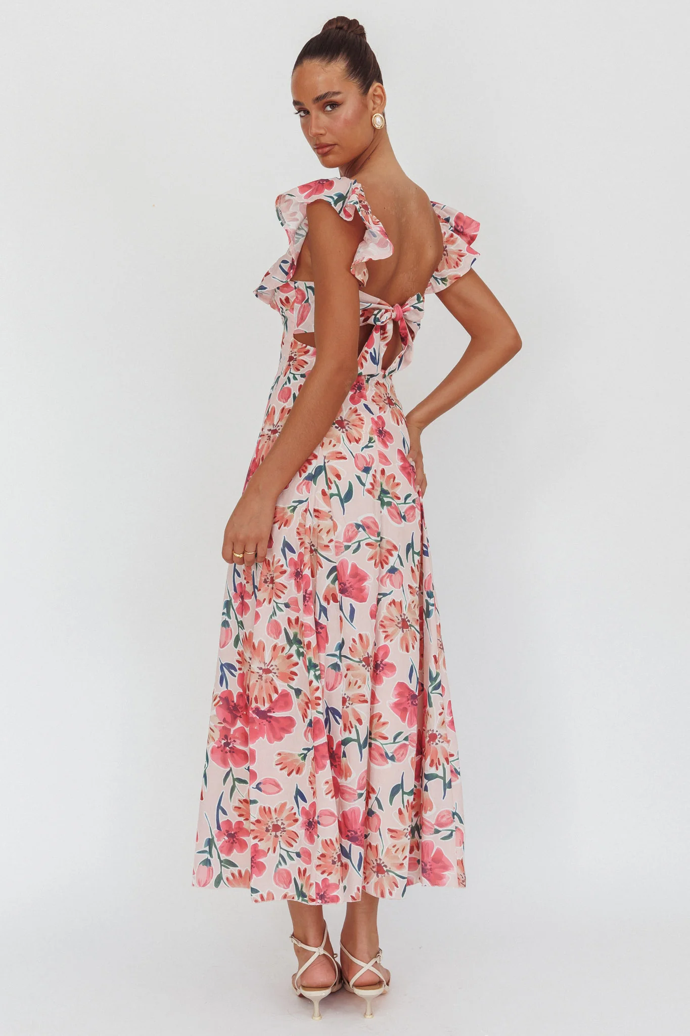 Palms Ruffle Sleeve Tied Back Maxi Dress Floral Pink