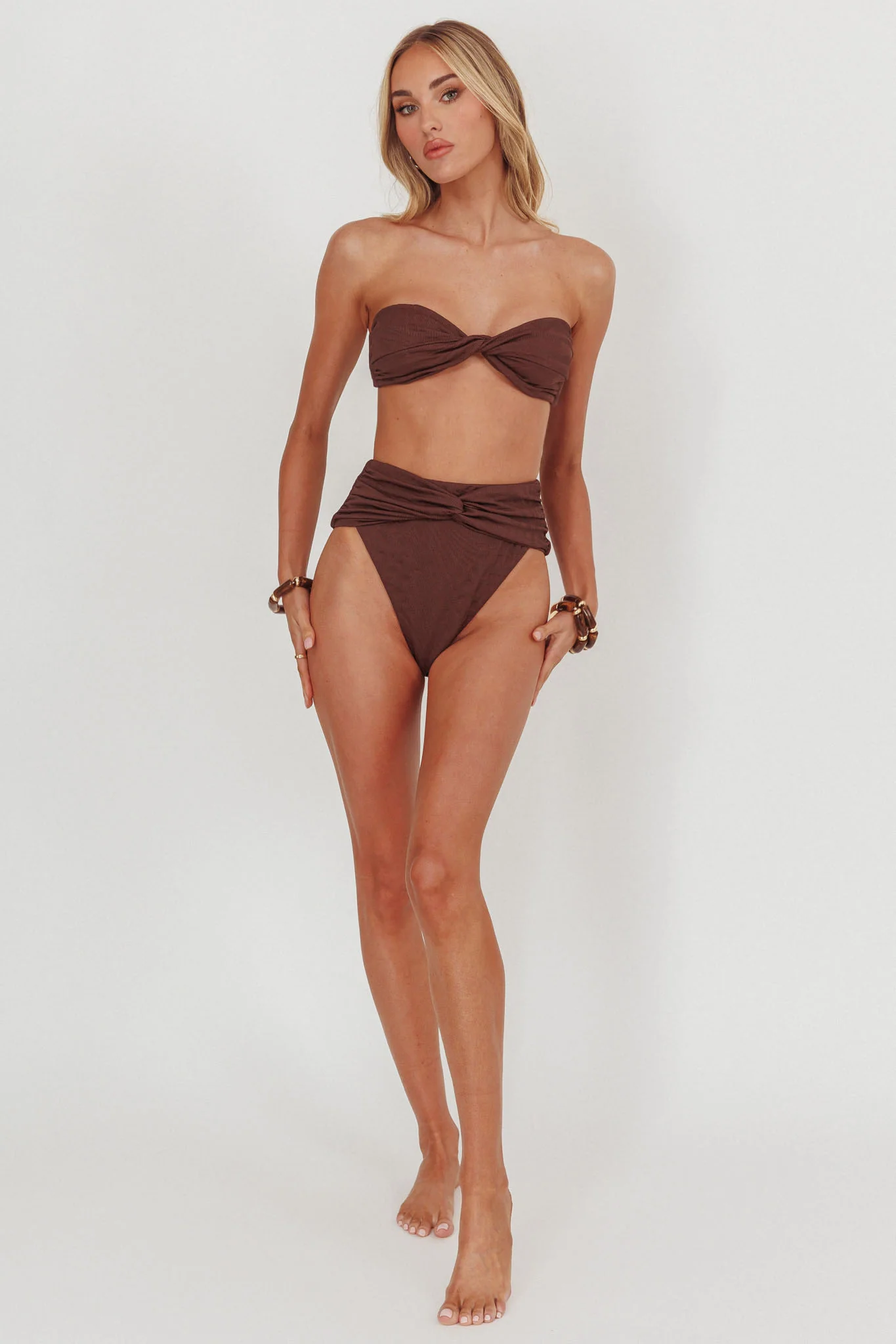 Monique High Waist Twist Bikini Bottom Chocolate Texture
