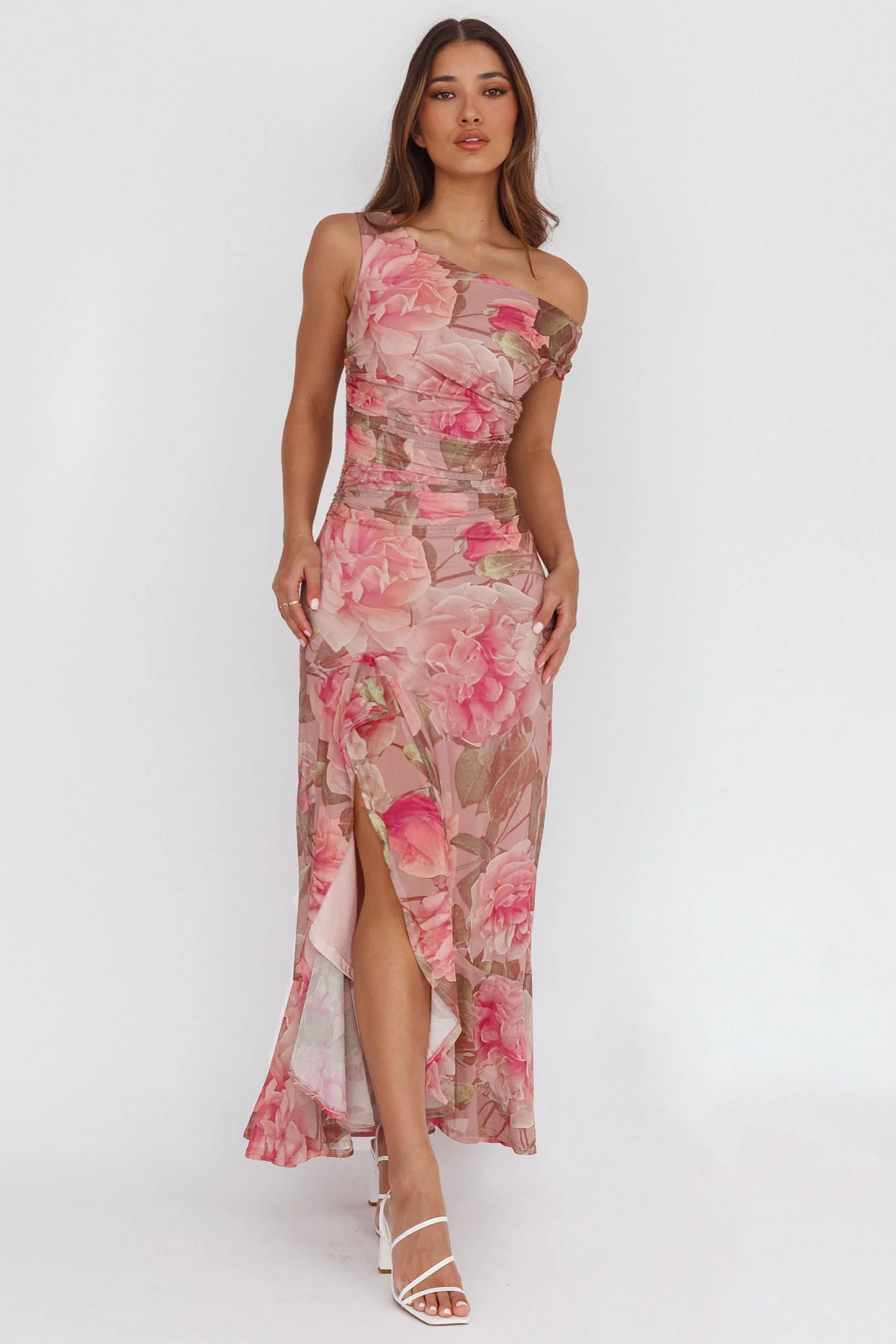Moonlit Magic Asymmetric Neckline Maxi Dress Floral Blush