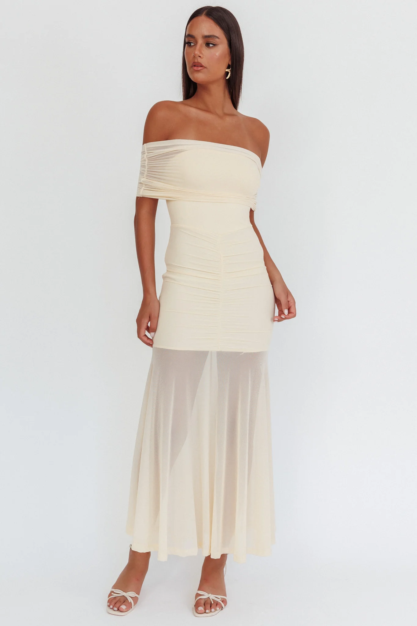 Clarita Sheer Ruched Maxi Dress Cream