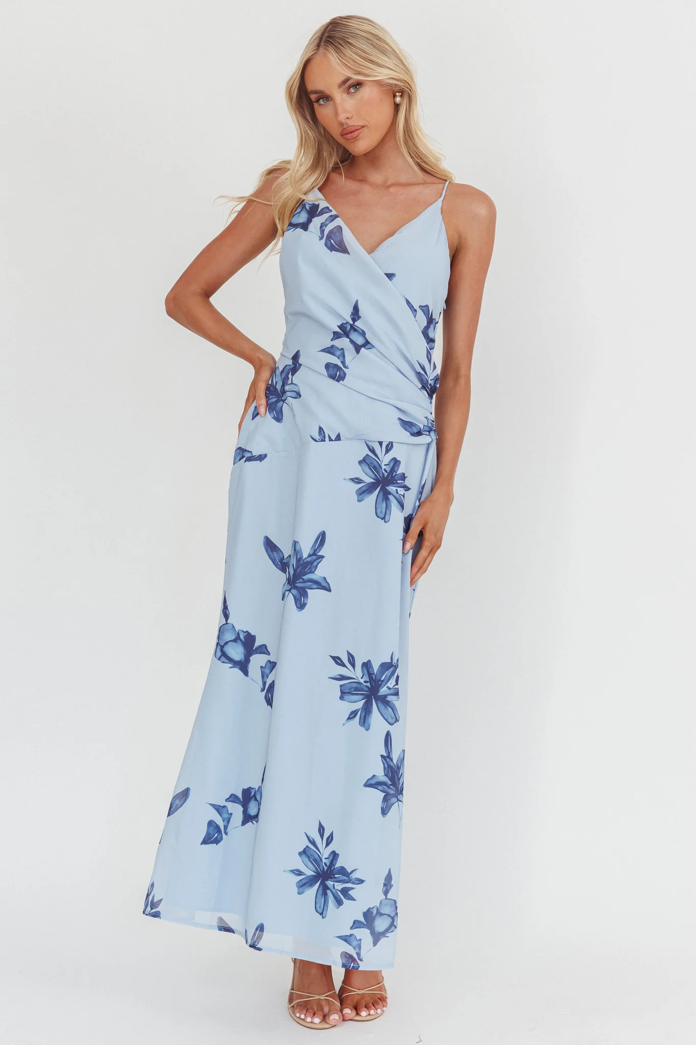Lexxi Crossover Gathered Waist Maxi Dress Floral Blue