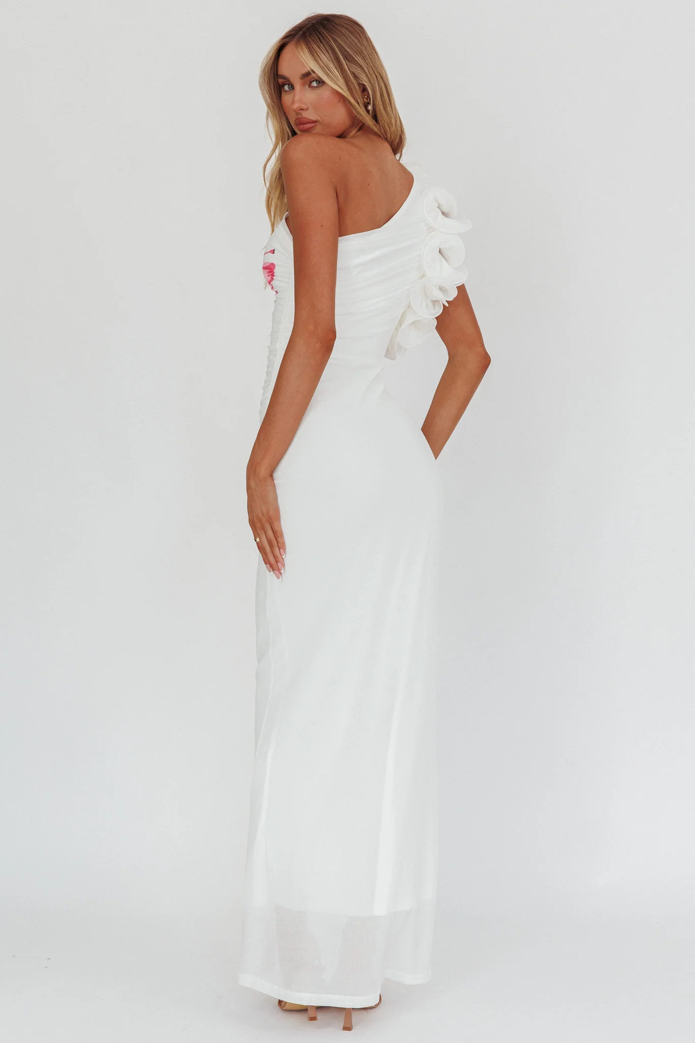 Deanna One-Shoulder Ruffle Maxi Dress Hibiscus White