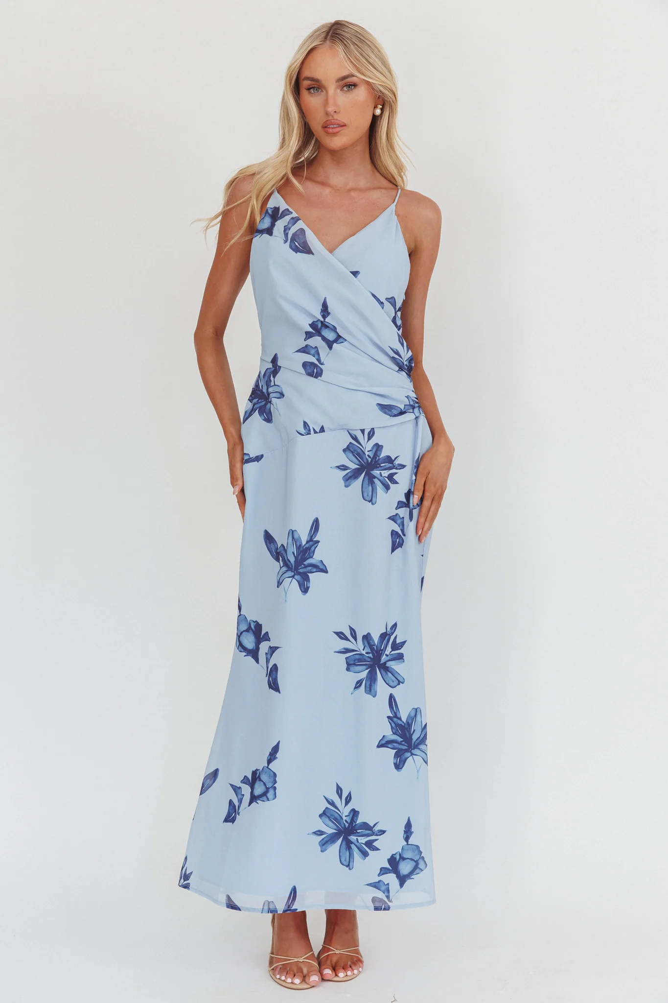 Lexxi Crossover Gathered Waist Maxi Dress Floral Blue