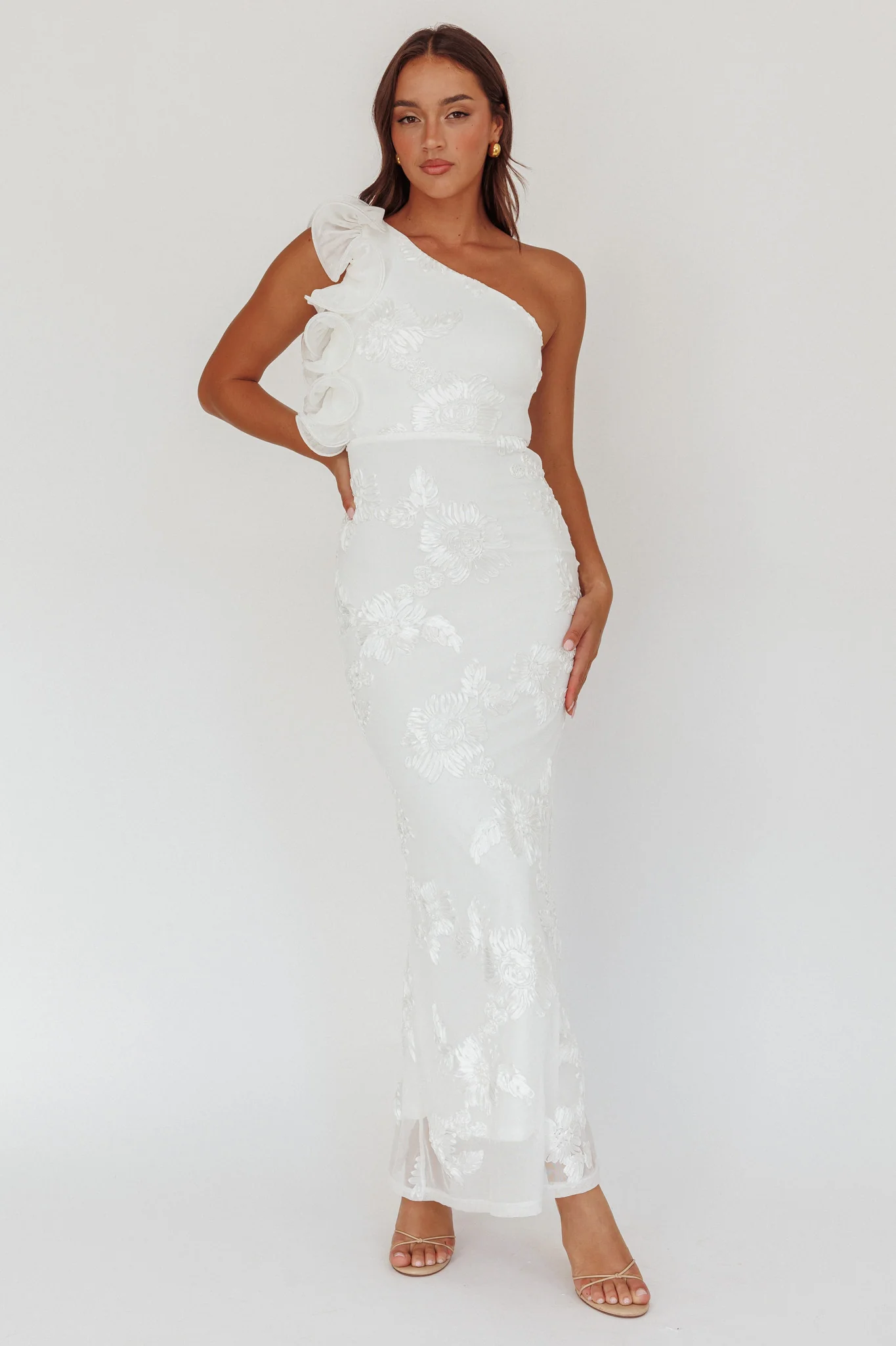 Deanna One-Shoulder Ruffle Maxi Dress Floral Texture White