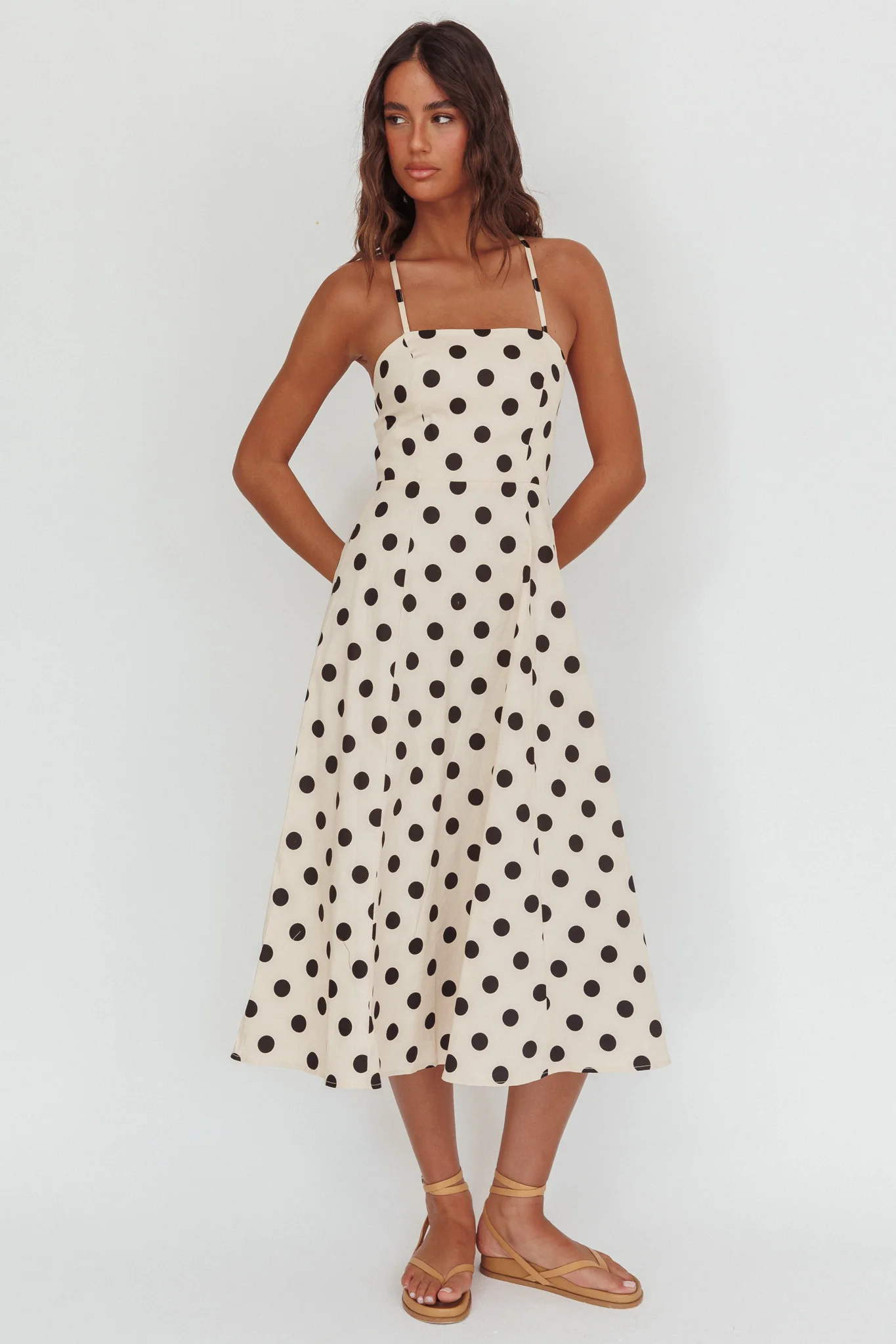 Second Glance Olga Criss-Cross Back Midi Dress Polka Dot Beige
