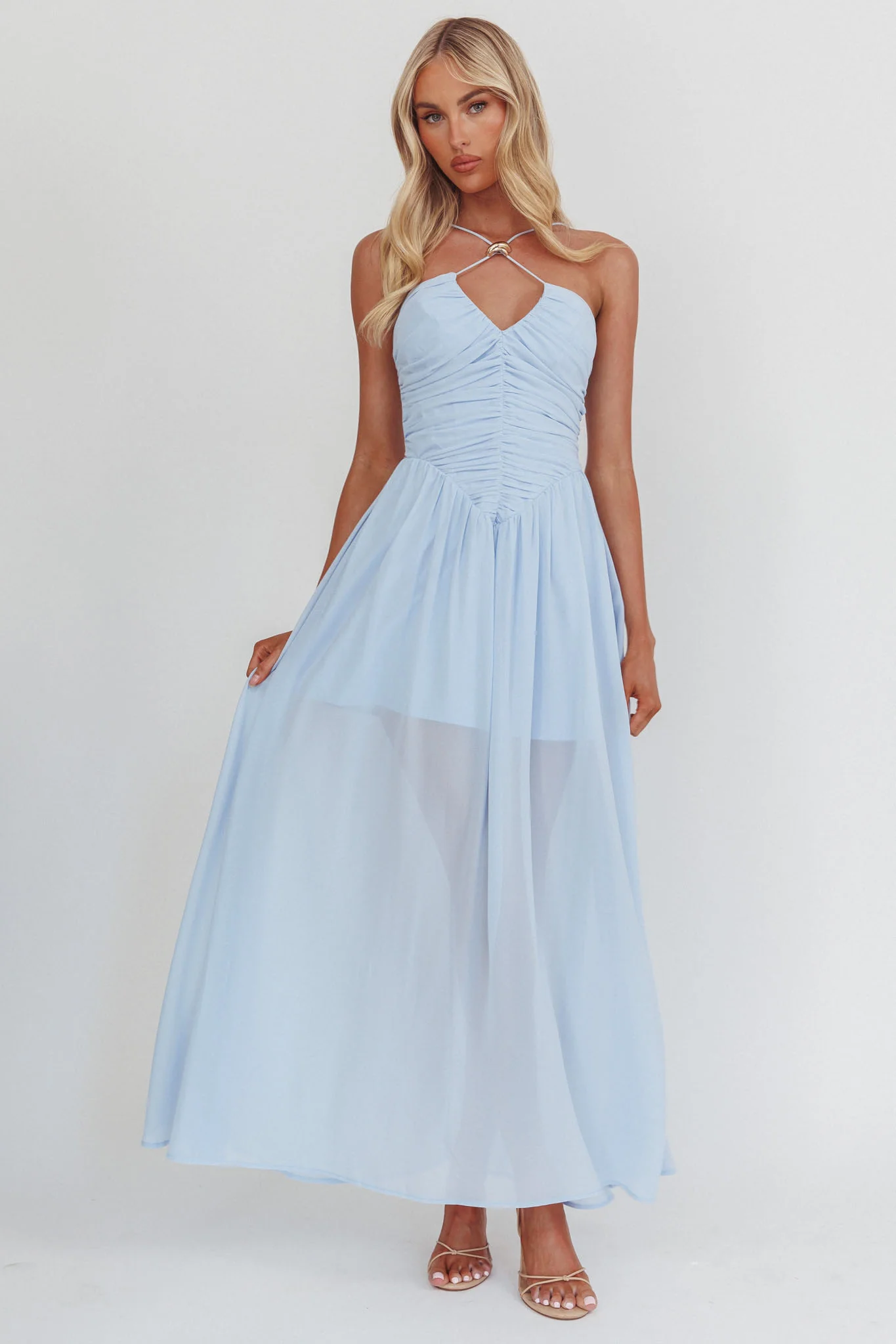 The Dreamers Ruched Basque Waist Maxi Dress Blue