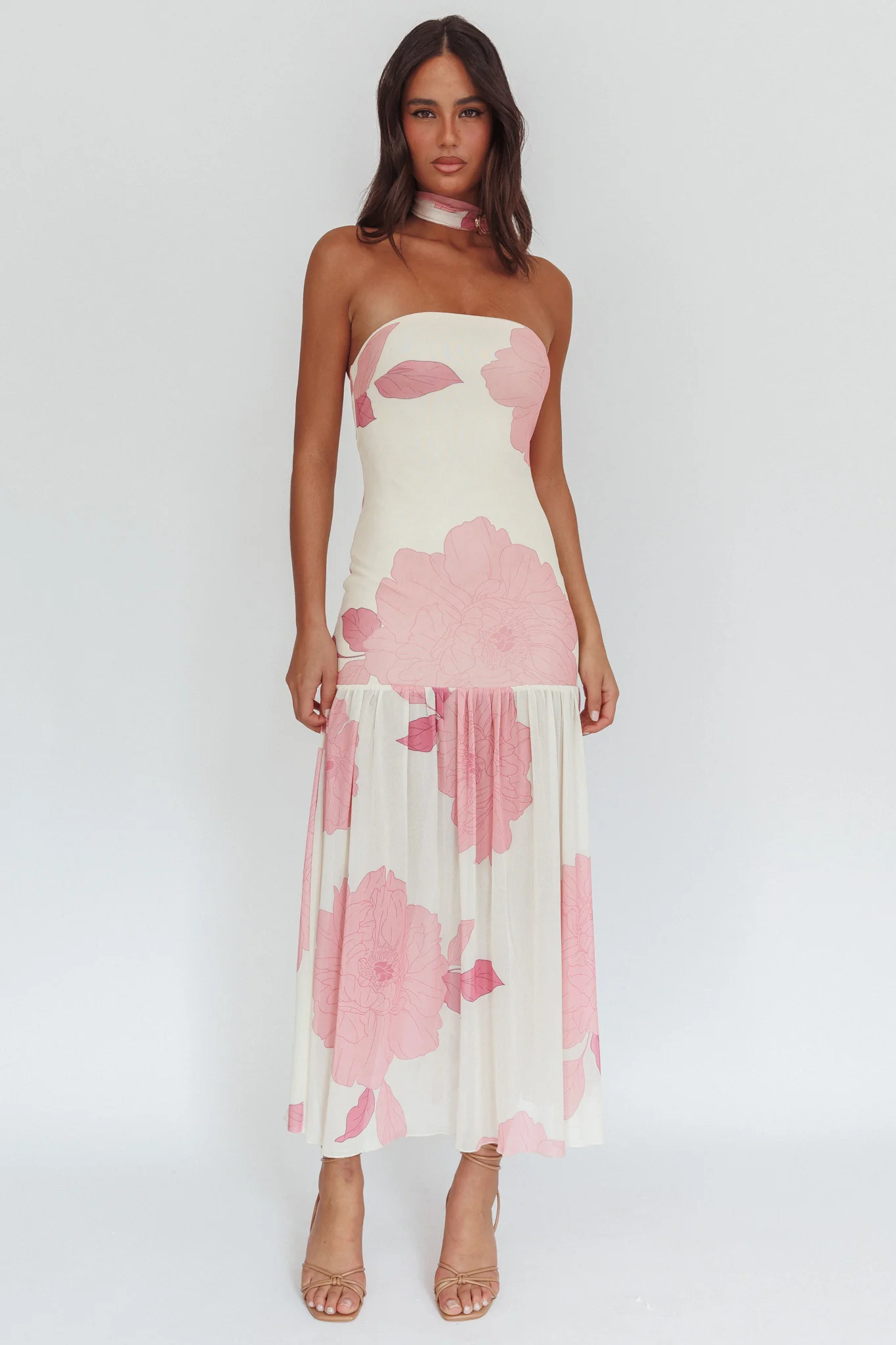 Antonella Strapless Waist Sash Maxi Dress Floral Pink
