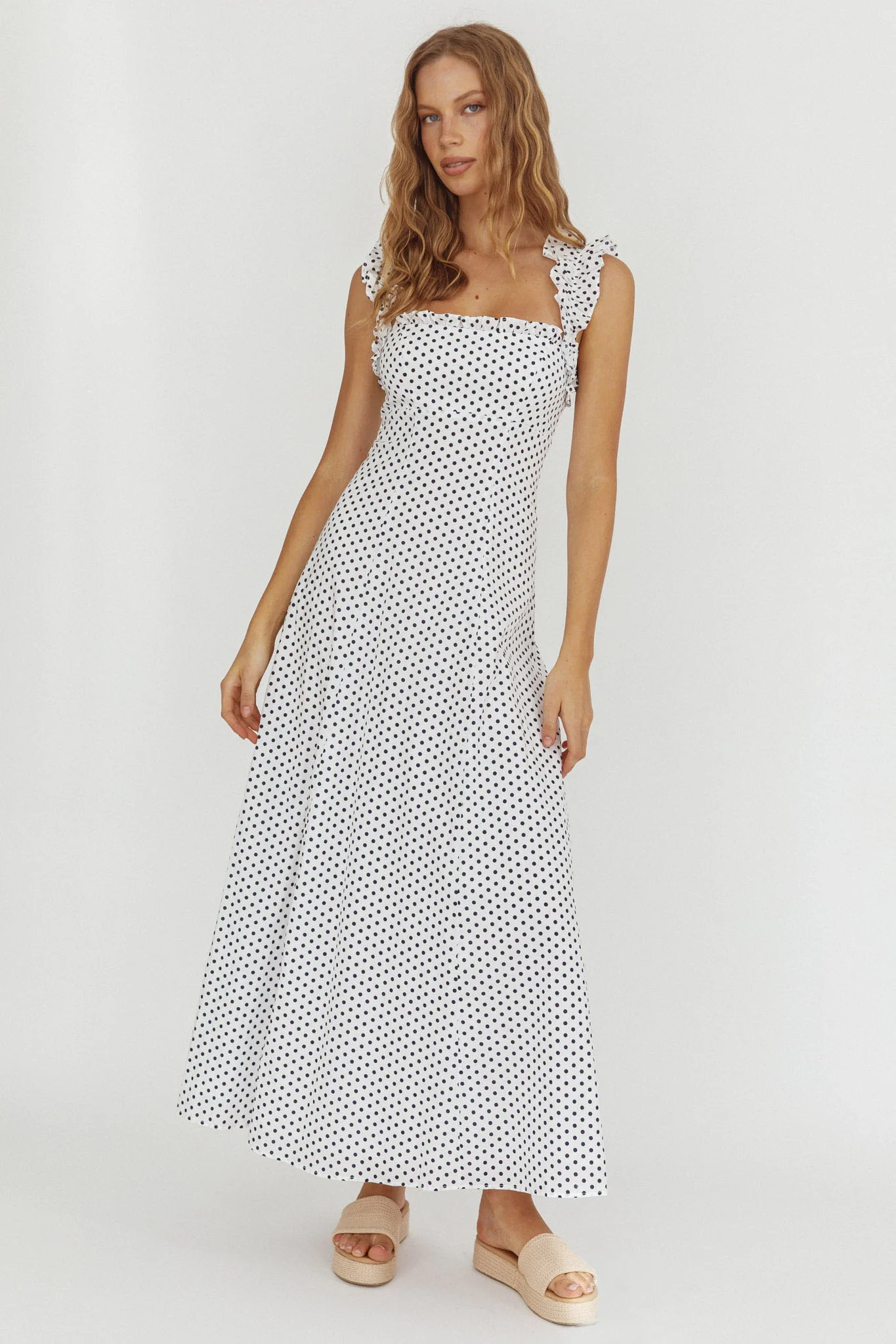 Warrior Sun Frill Strap Maxi Dress Navy Spot