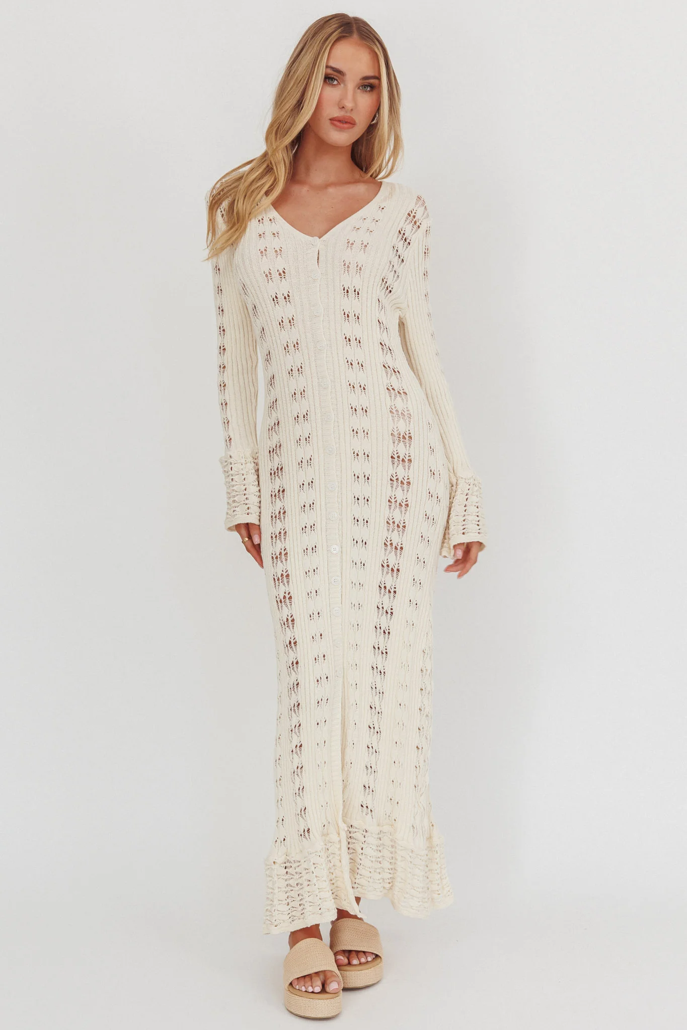Portside Long Sleeve Knit Maxi Dress Cream
