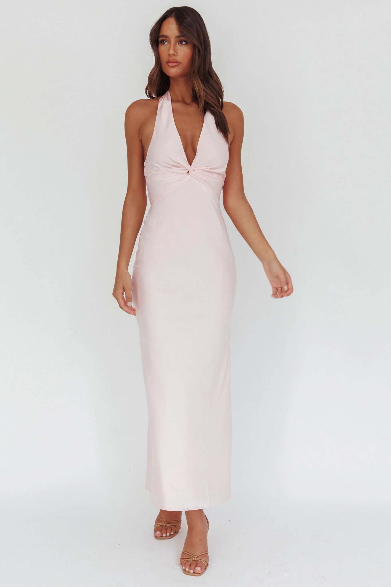 Devotion Twist Bust Halter Maxi Dress Baby Pink