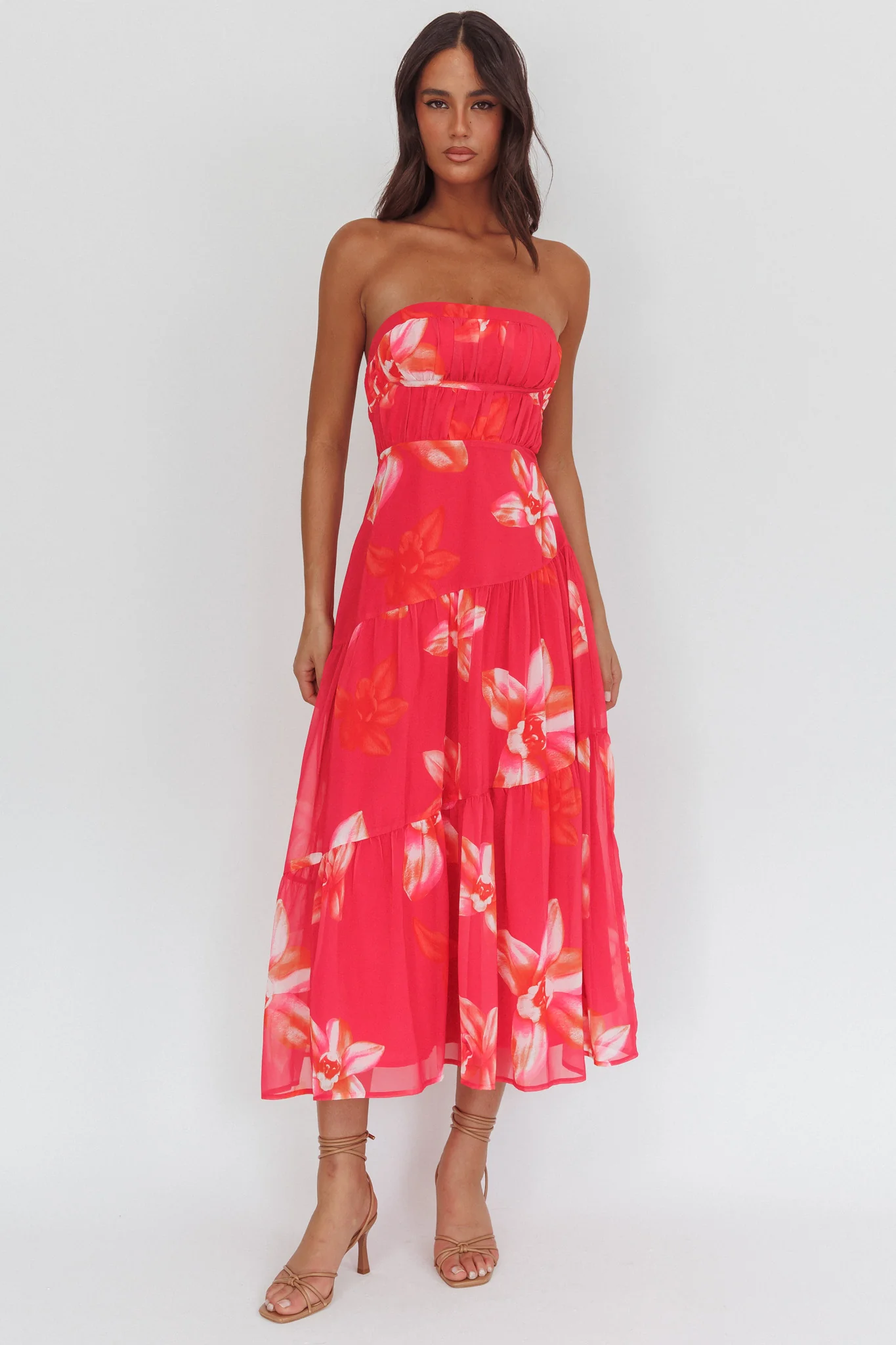 South Pacific Strapless Strappy Back Midi Length Floral Pink