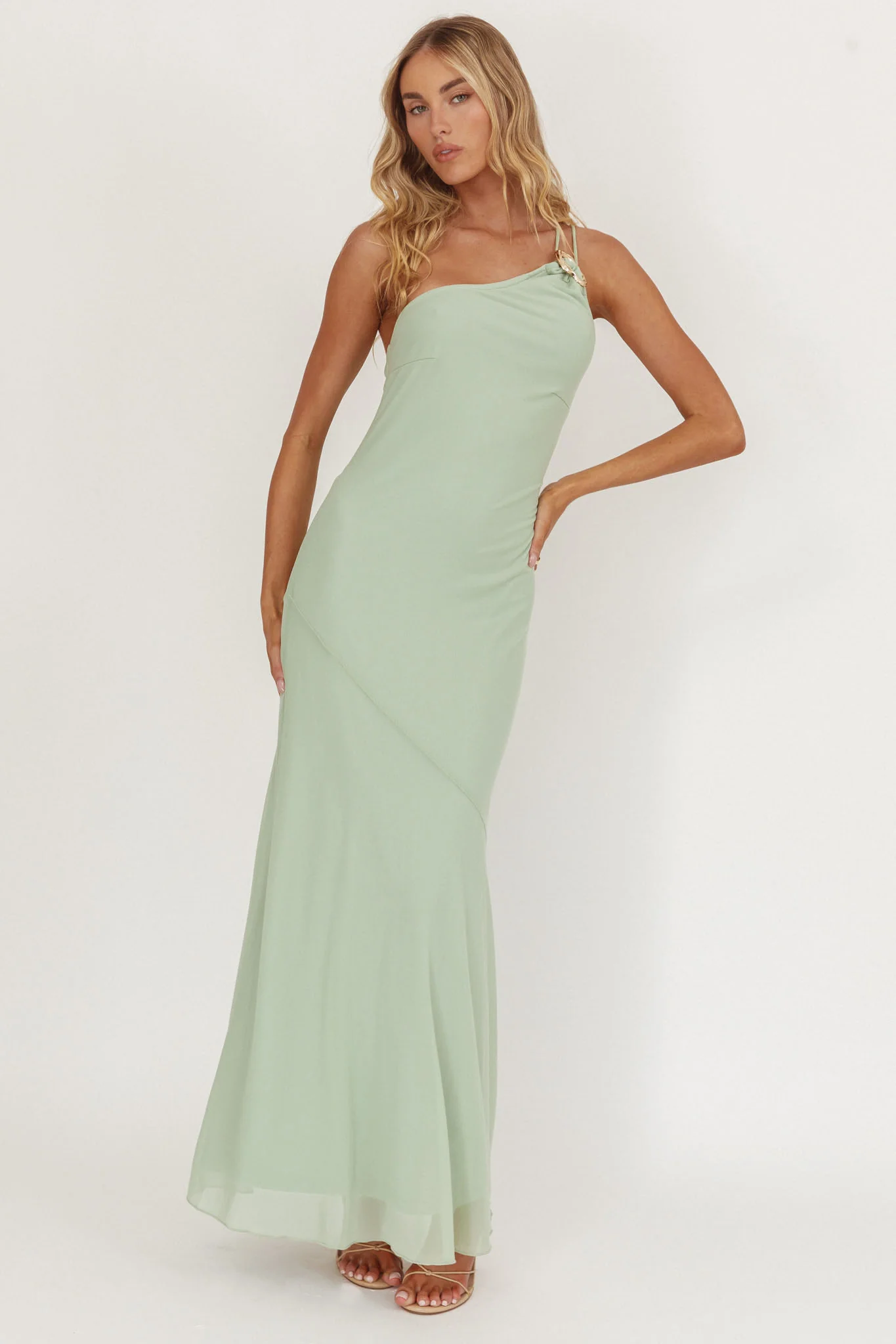 We Belong Together One-Shoulder Buckle Maxi Dress Mint
