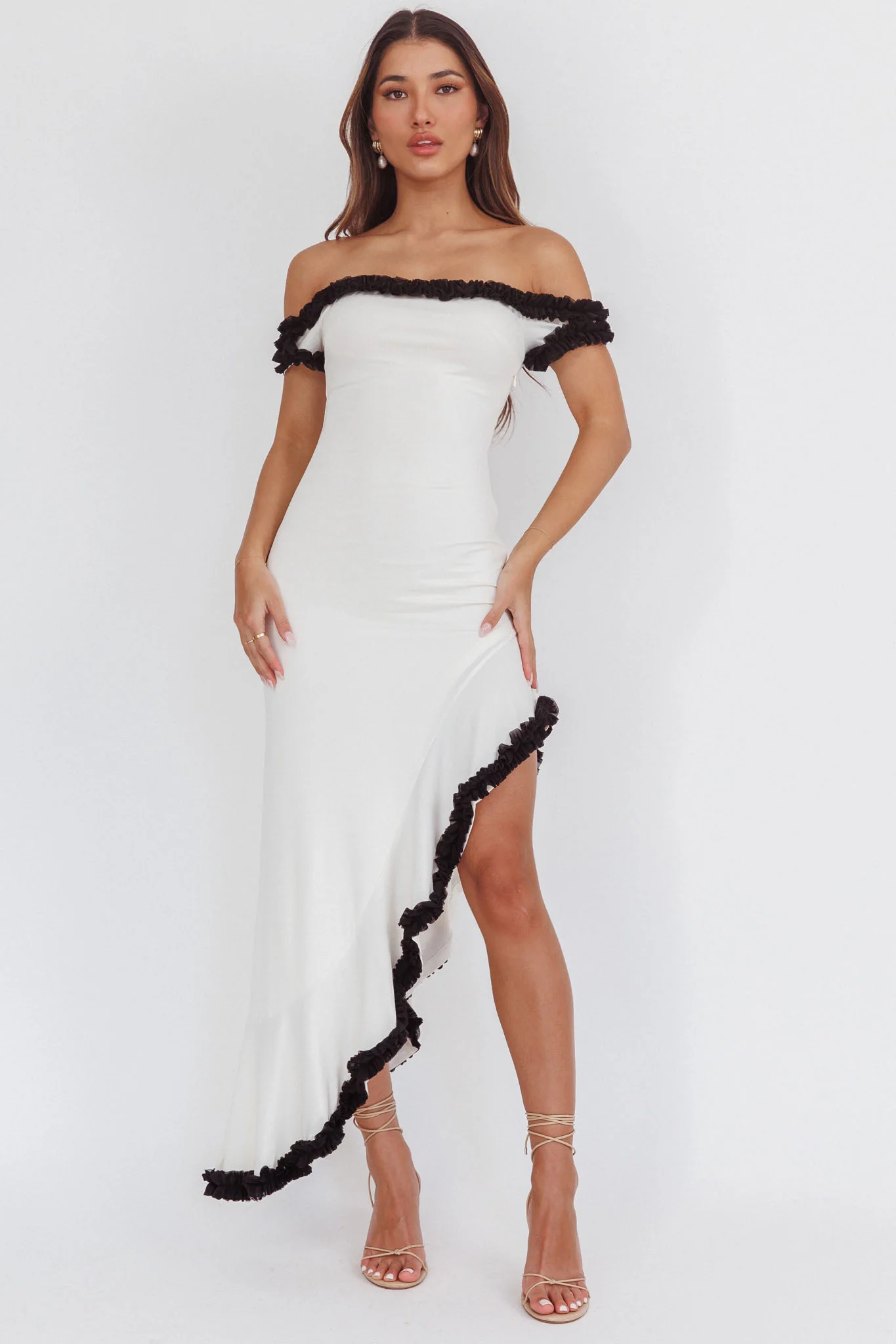 Shake It Off Asymmetric Off-Shoulder Dress Cream