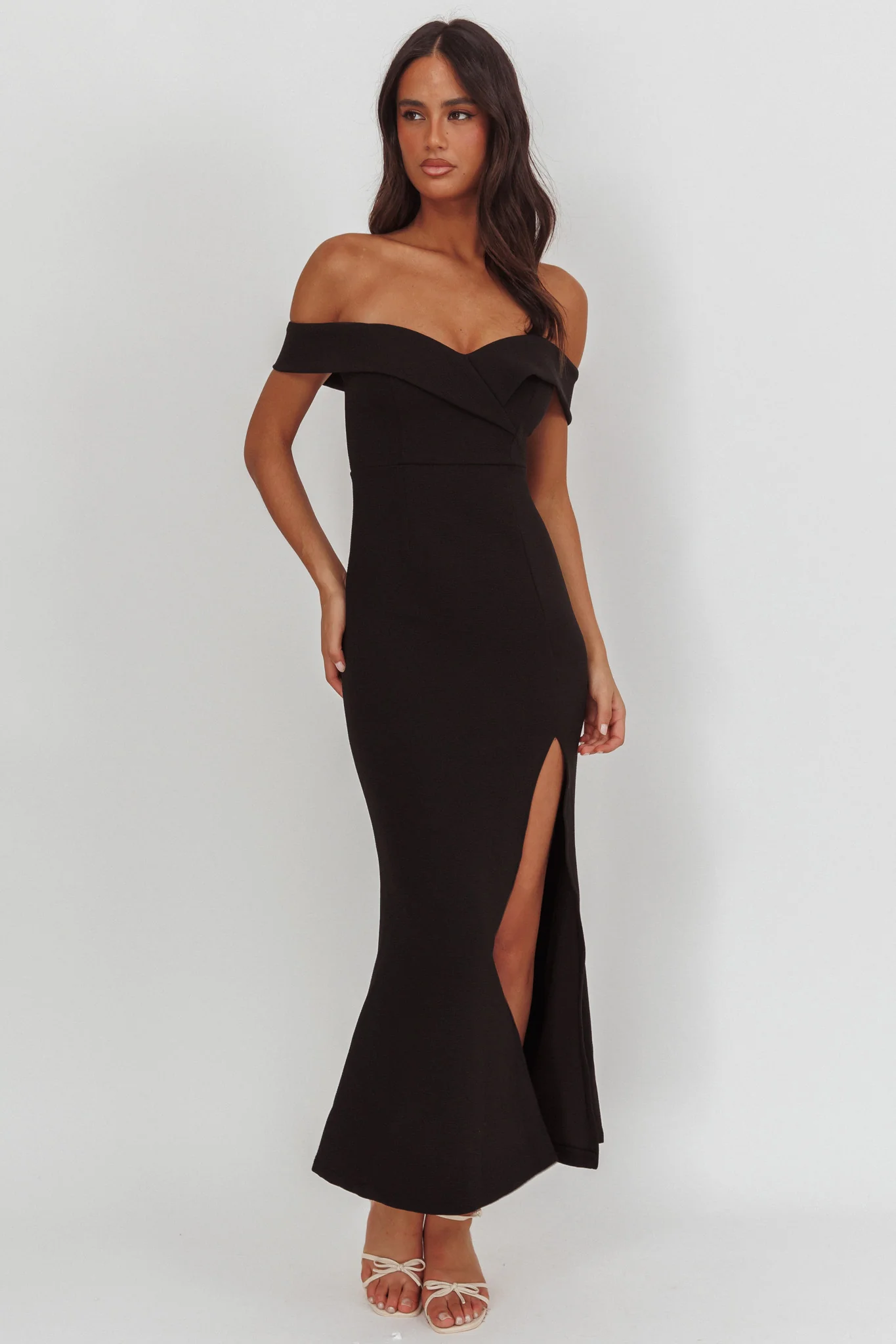 Rider Off-Shoulder Front Split Maxi Dress Black