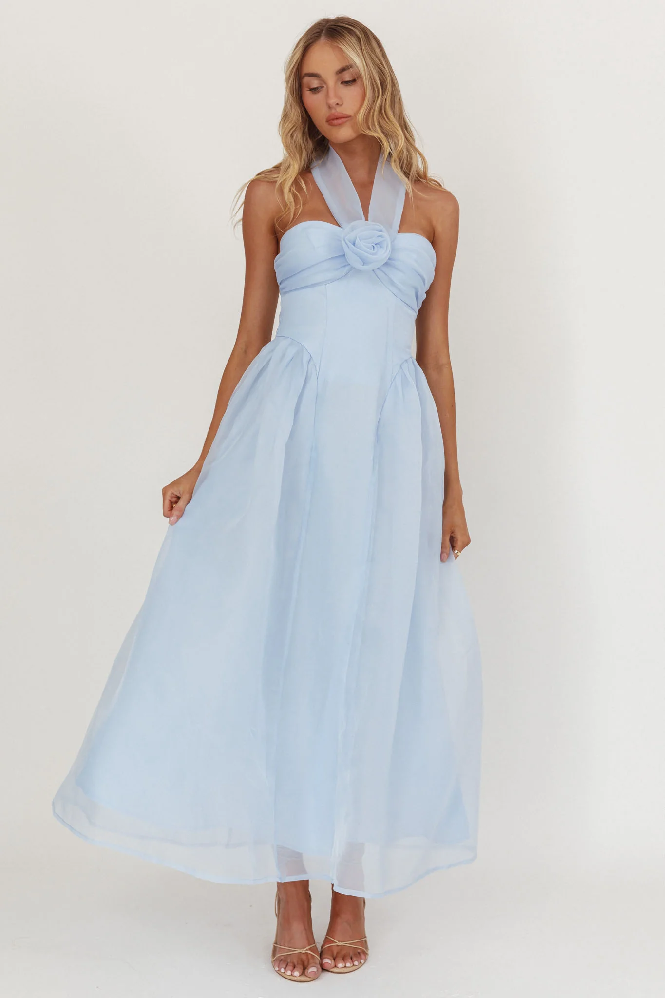 Elvera Rose Bust Halter Midi Dress Blue