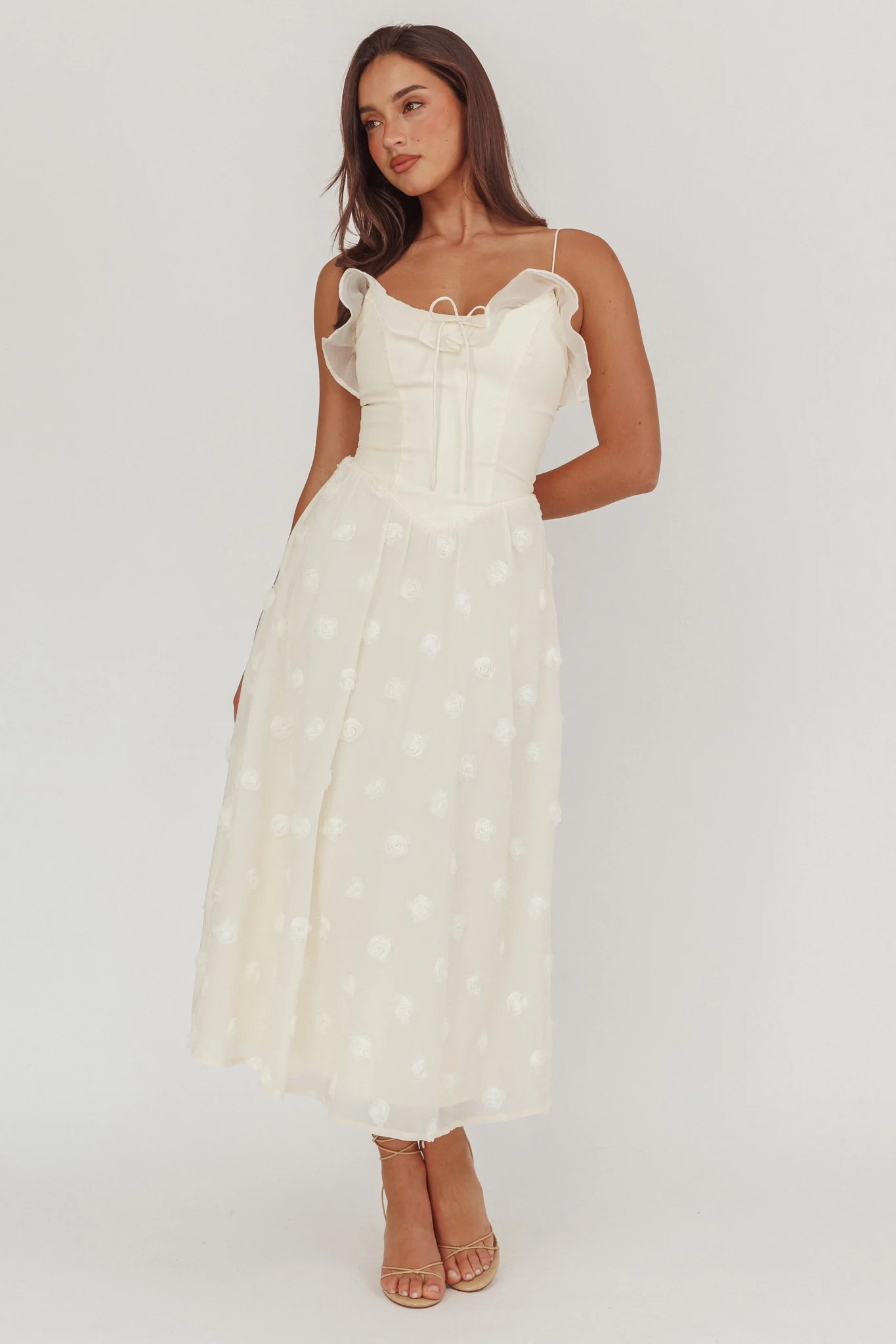 Gelati Embellished Tie Strap Midi Dress Cream