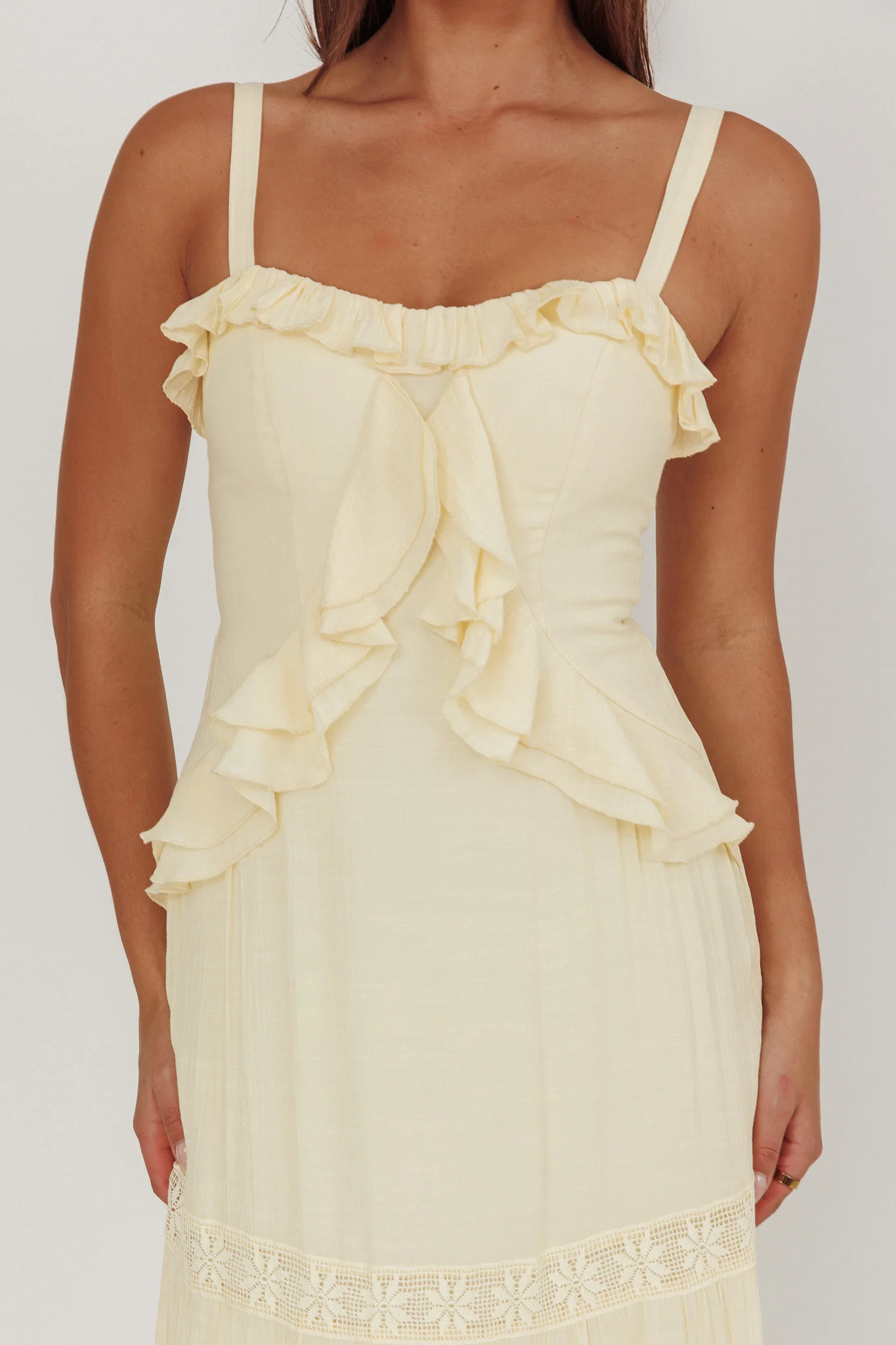 Vienna Sky Frill And Crochet Trim Maxi Dress Cream