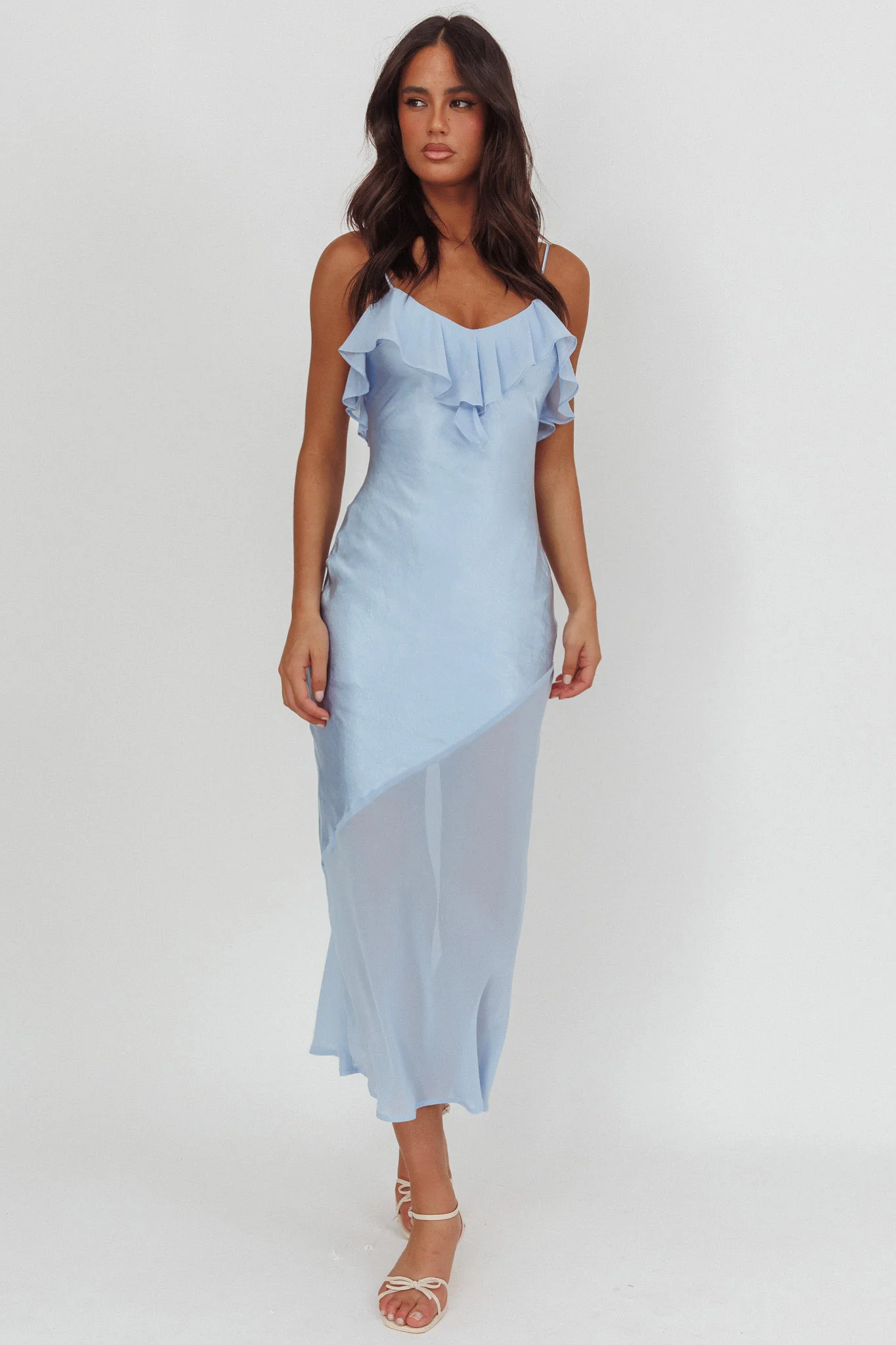 Talula Sheer Hem Ruffle Midi Dress Blue