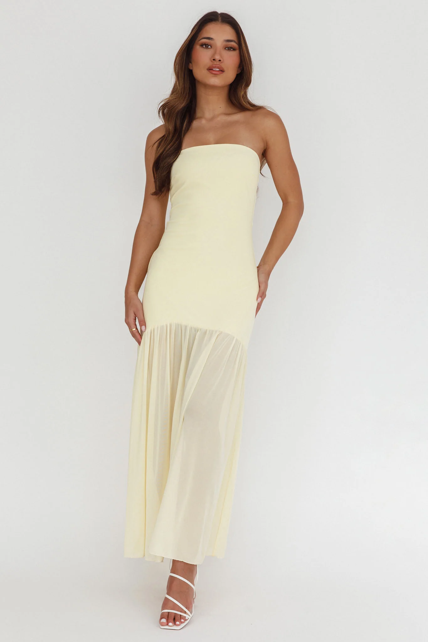 Wilma Sheer Hem Strapless Midi Dress Butter
