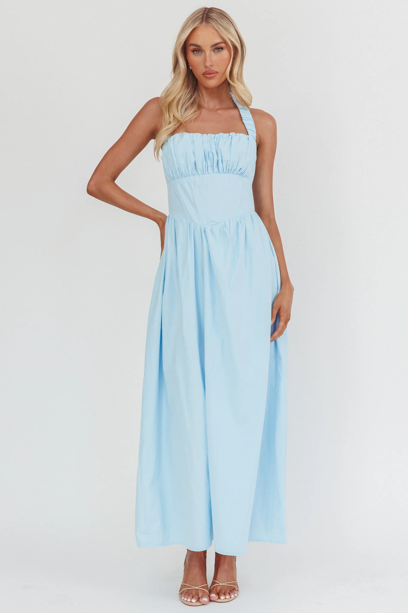 Irisa Elasticated Halter Maxi Dress Ice Blue