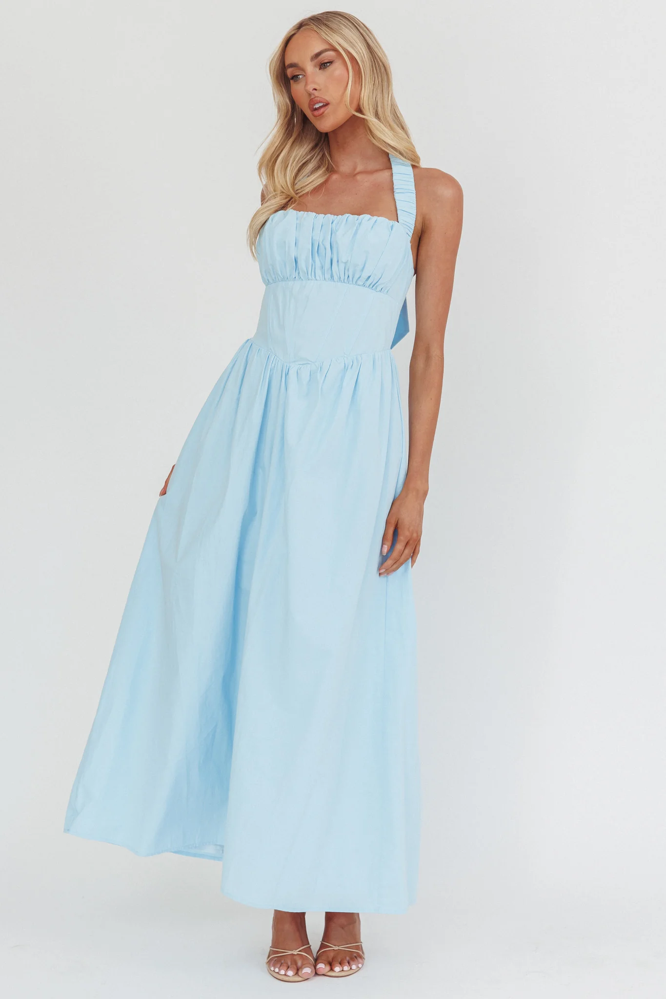 Irisa Elasticated Halter Maxi Dress Ice Blue