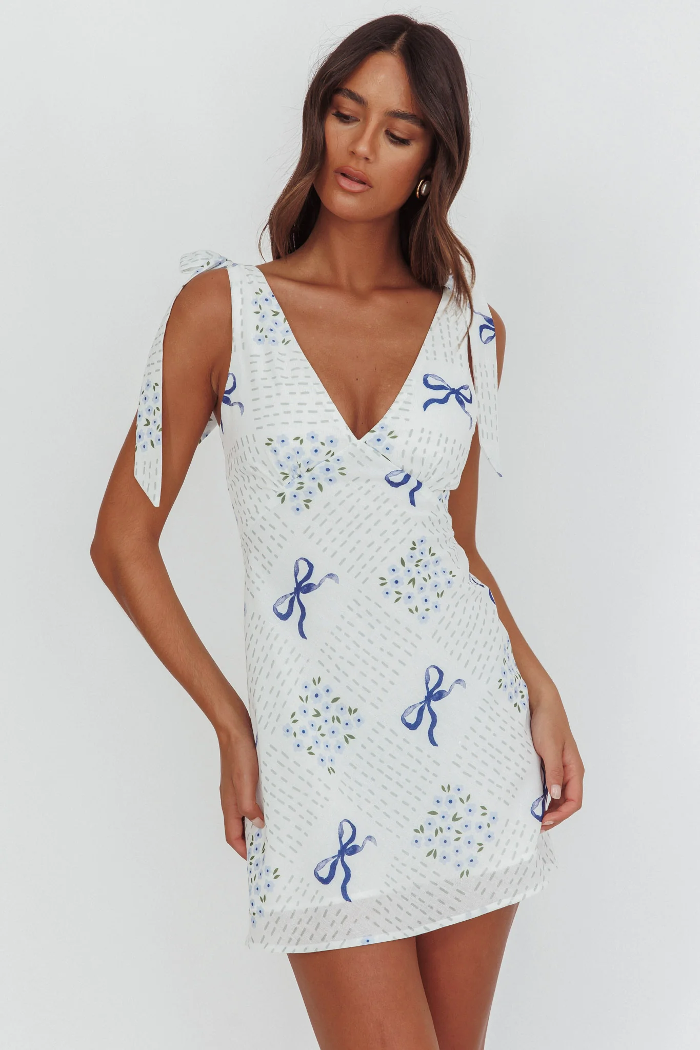 Mykonos Morning Tied Shoulder Mini Dress Bows Blue