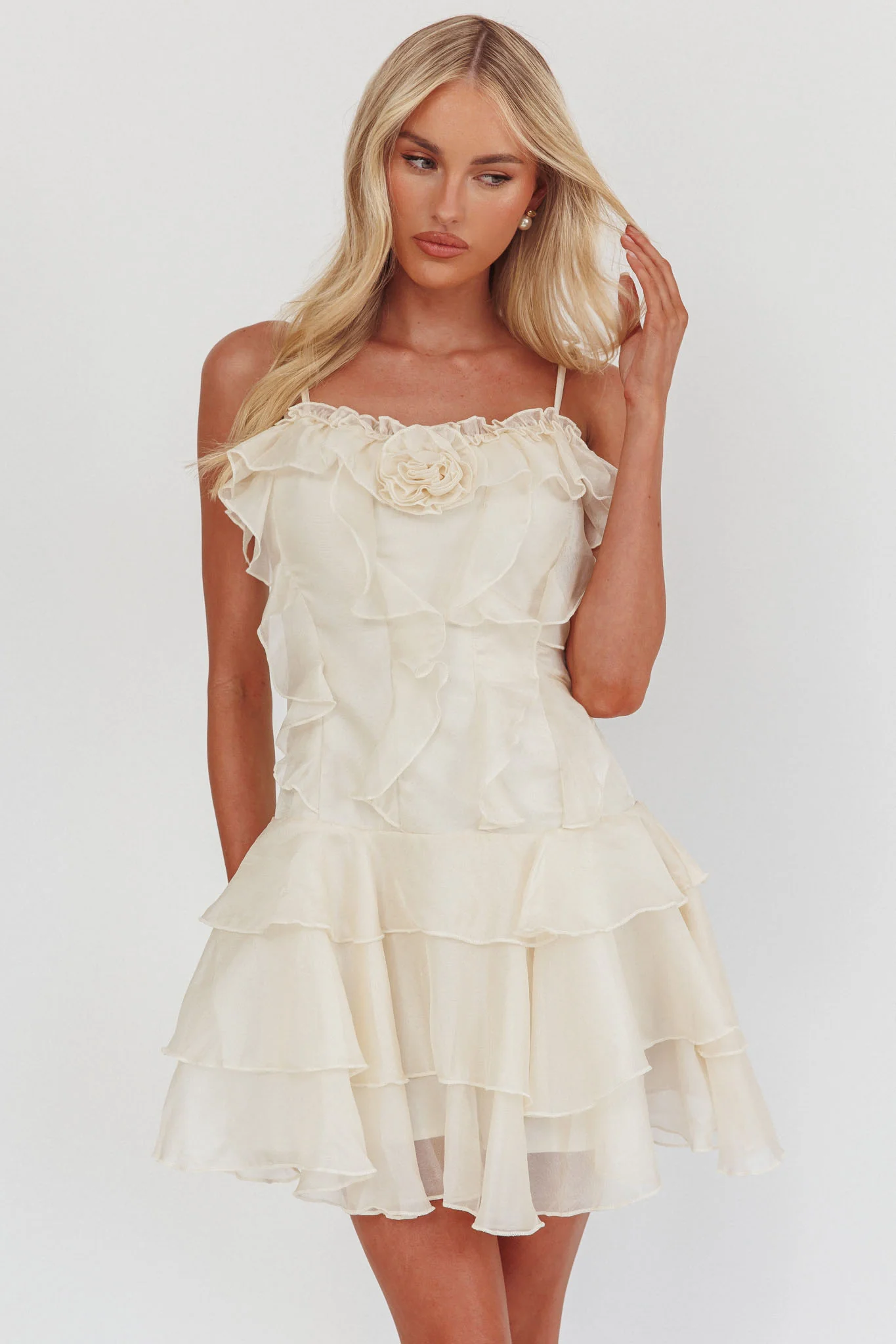 Sweetest Things Frill Trim Rosette Mini Dress Cream