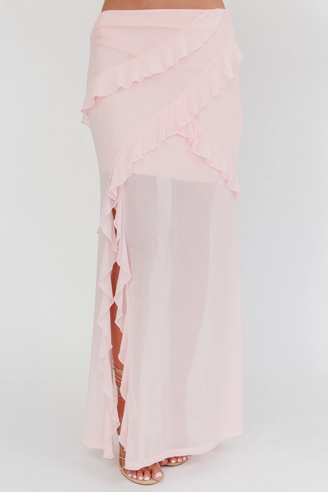 Frosted Sugar Ruffle Trim Split Midi Skirt Pink