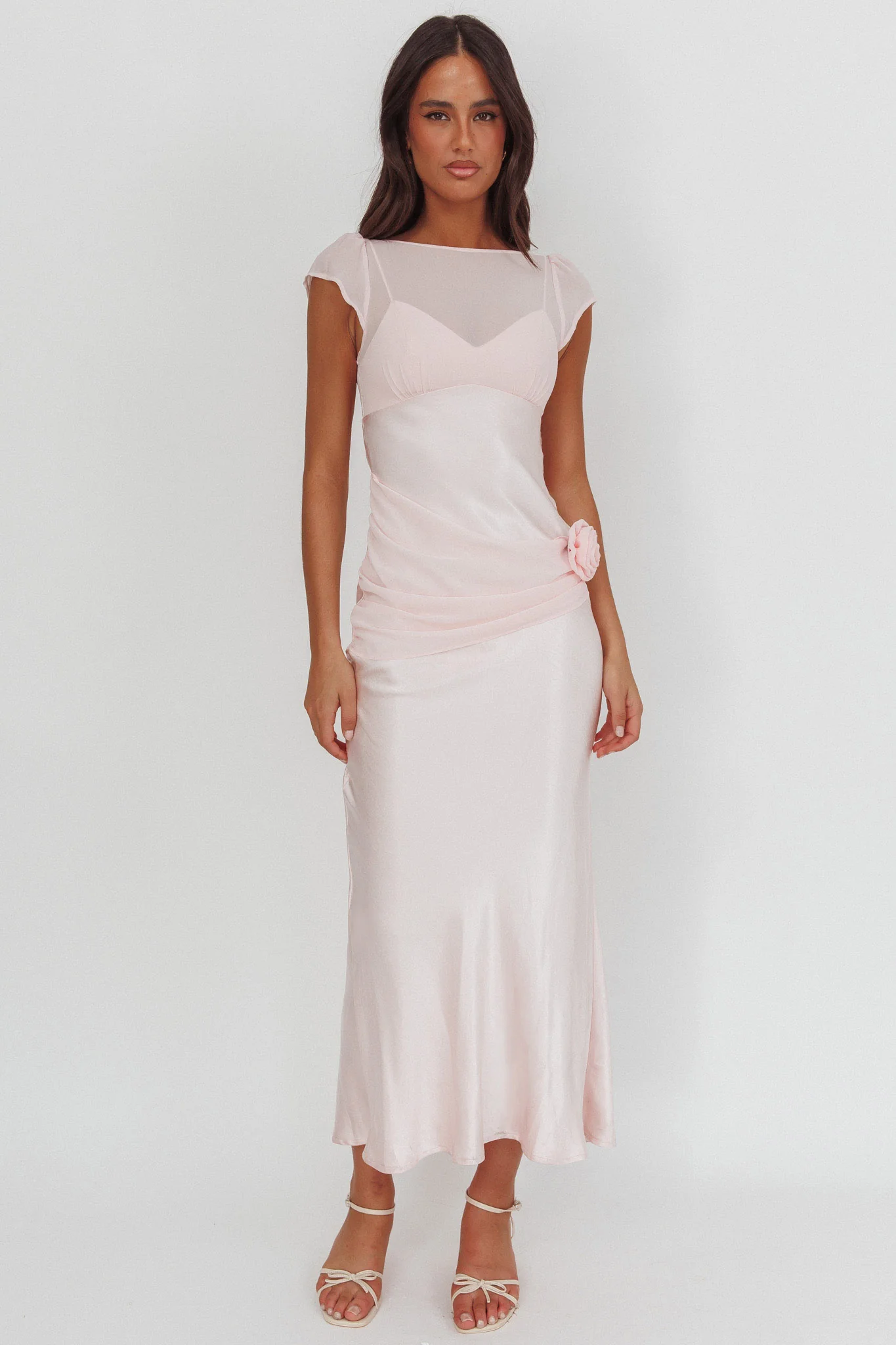 Enchanted Dusk Cap Sleeve Rosette Maxi Dress Pink