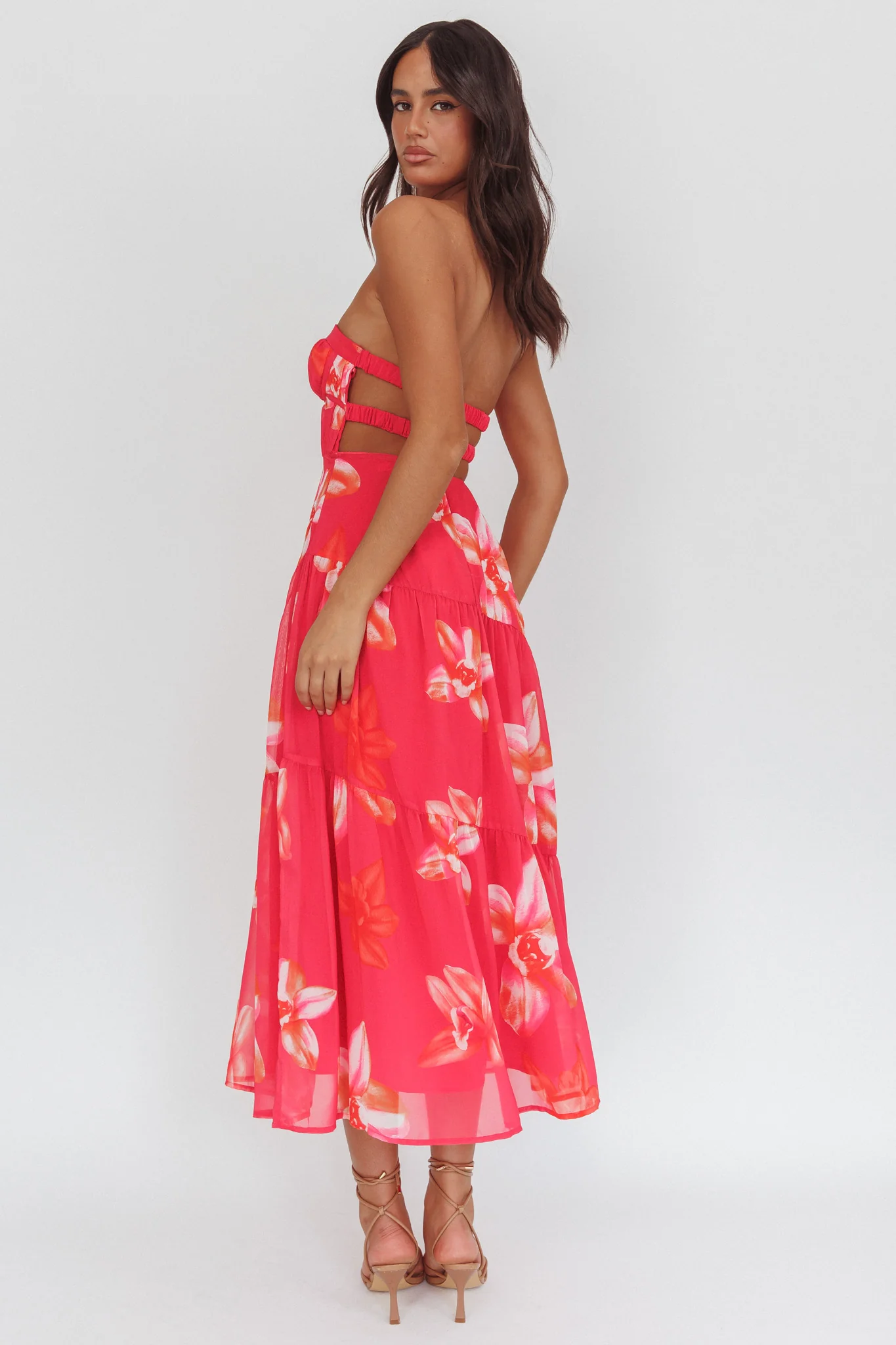 South Pacific Strapless Strappy Back Midi Length Floral Pink