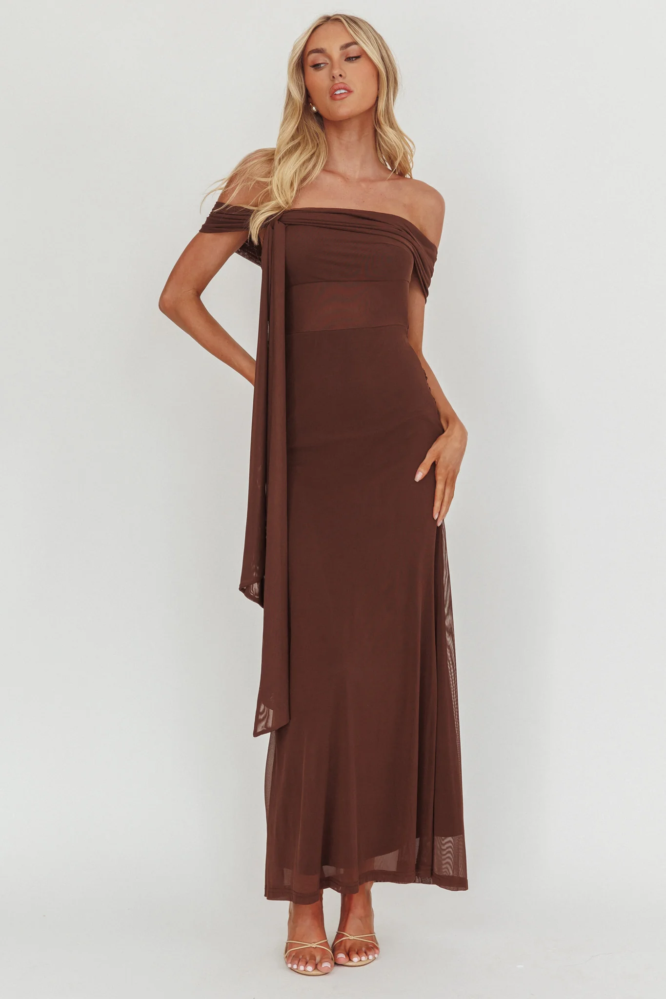 Silver Moon Tied Off-Shoulder Maxi Dress Chocolate