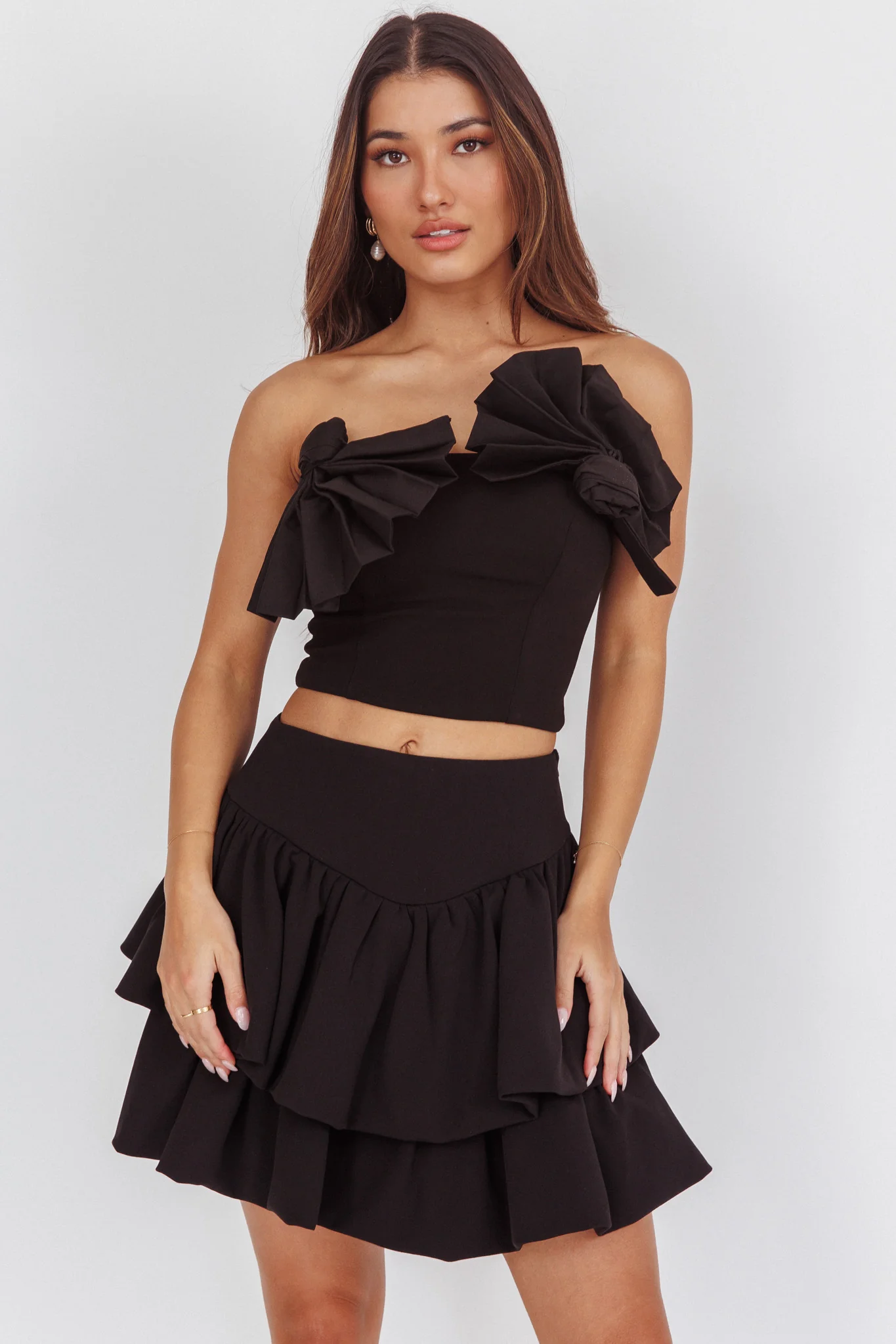 Deisi Concertina Layered Ruffle Mini Skirt Black
