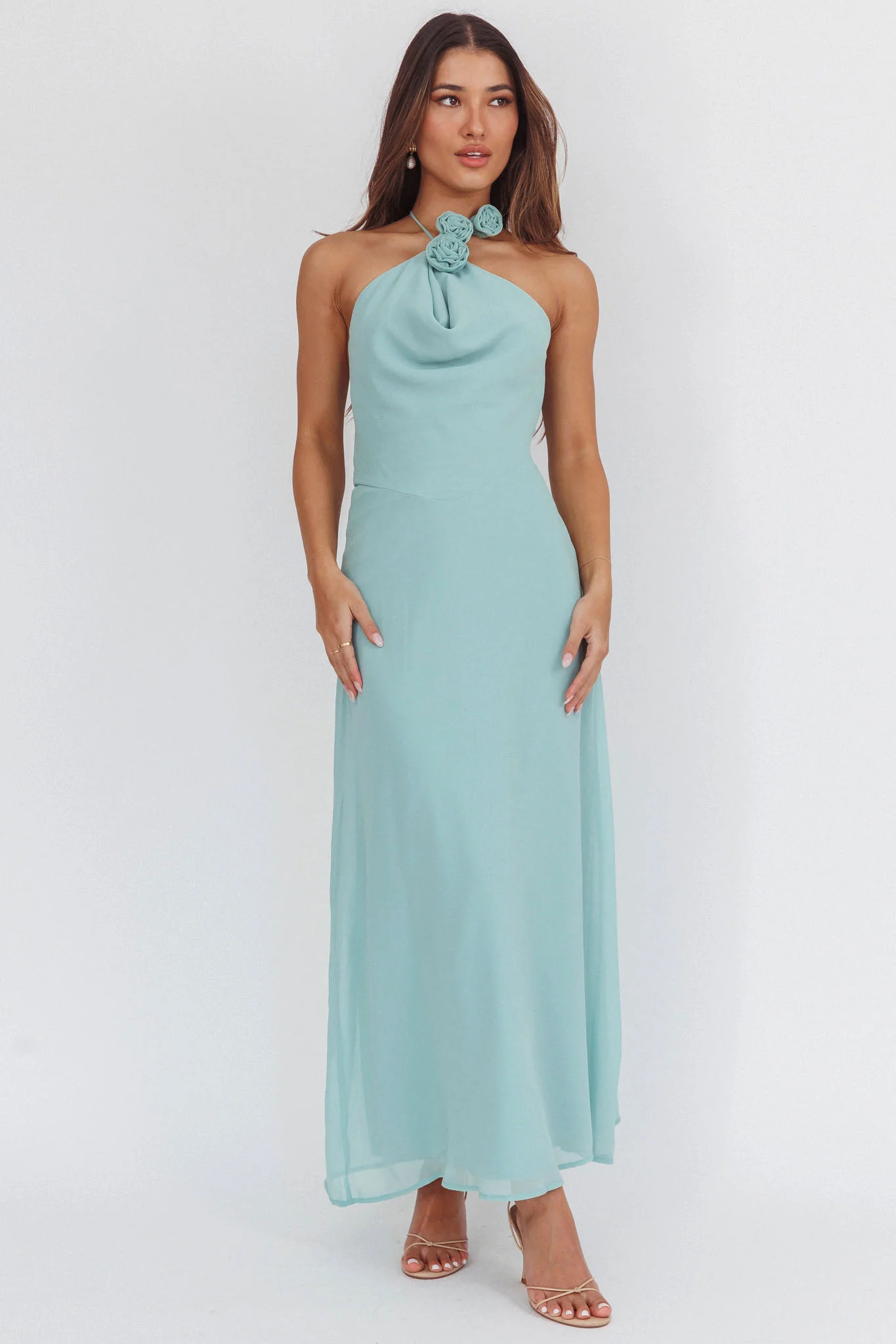 Petronilla Rosette Halterneck Maxi Dress Sage