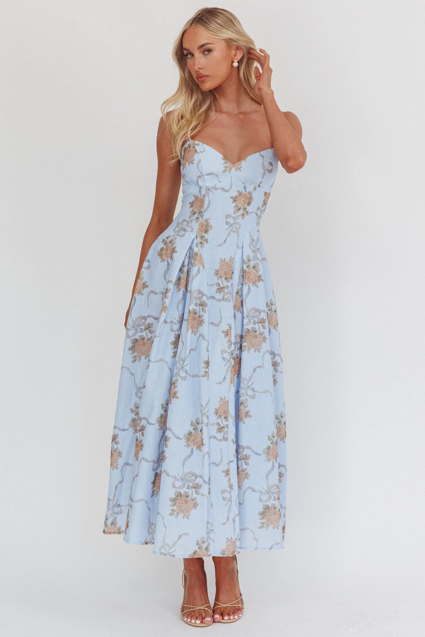 Get My Attention Pleat Waist Maxi Dress Bow Blue